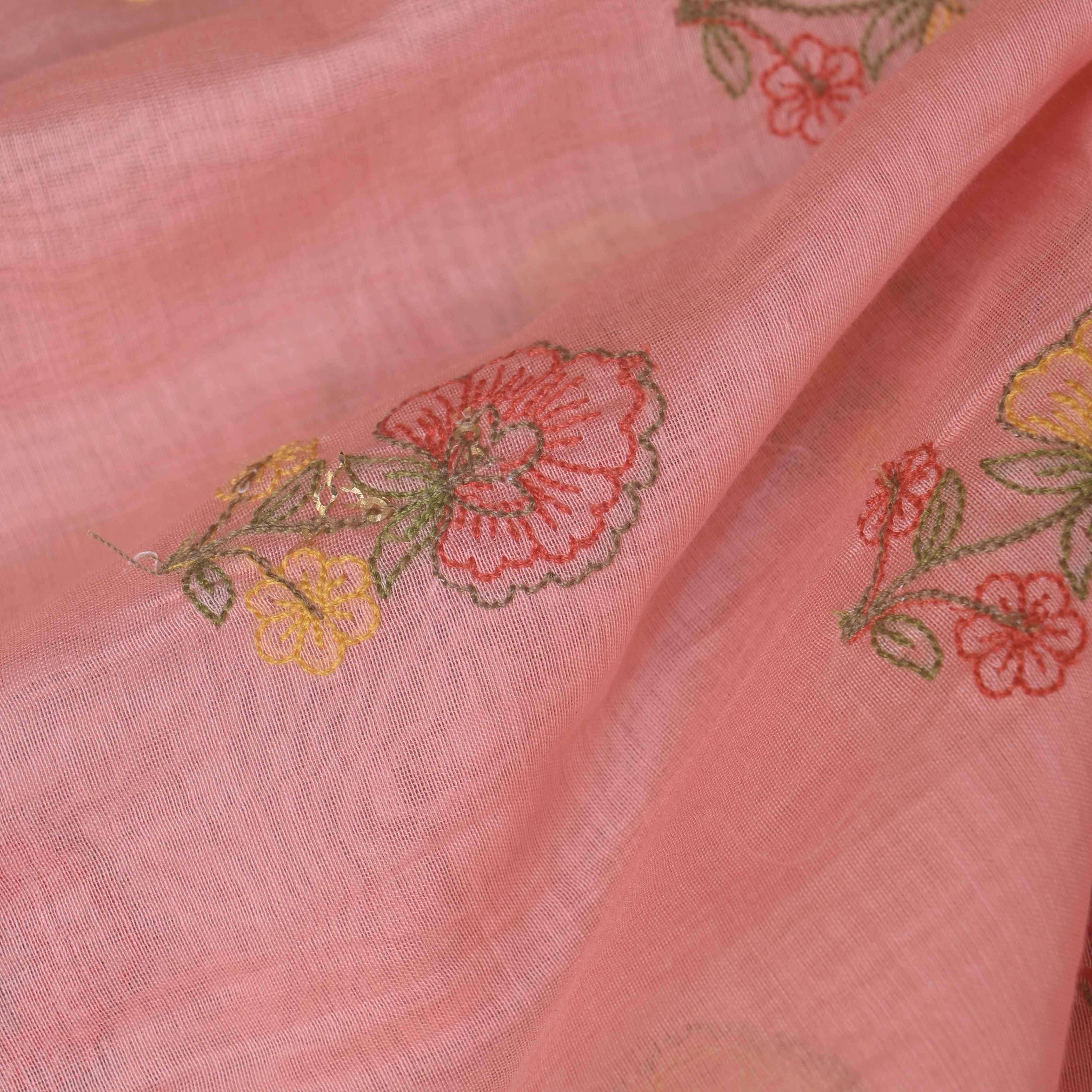 Sea Pink Floral Chanderi Fabric With Embroidery