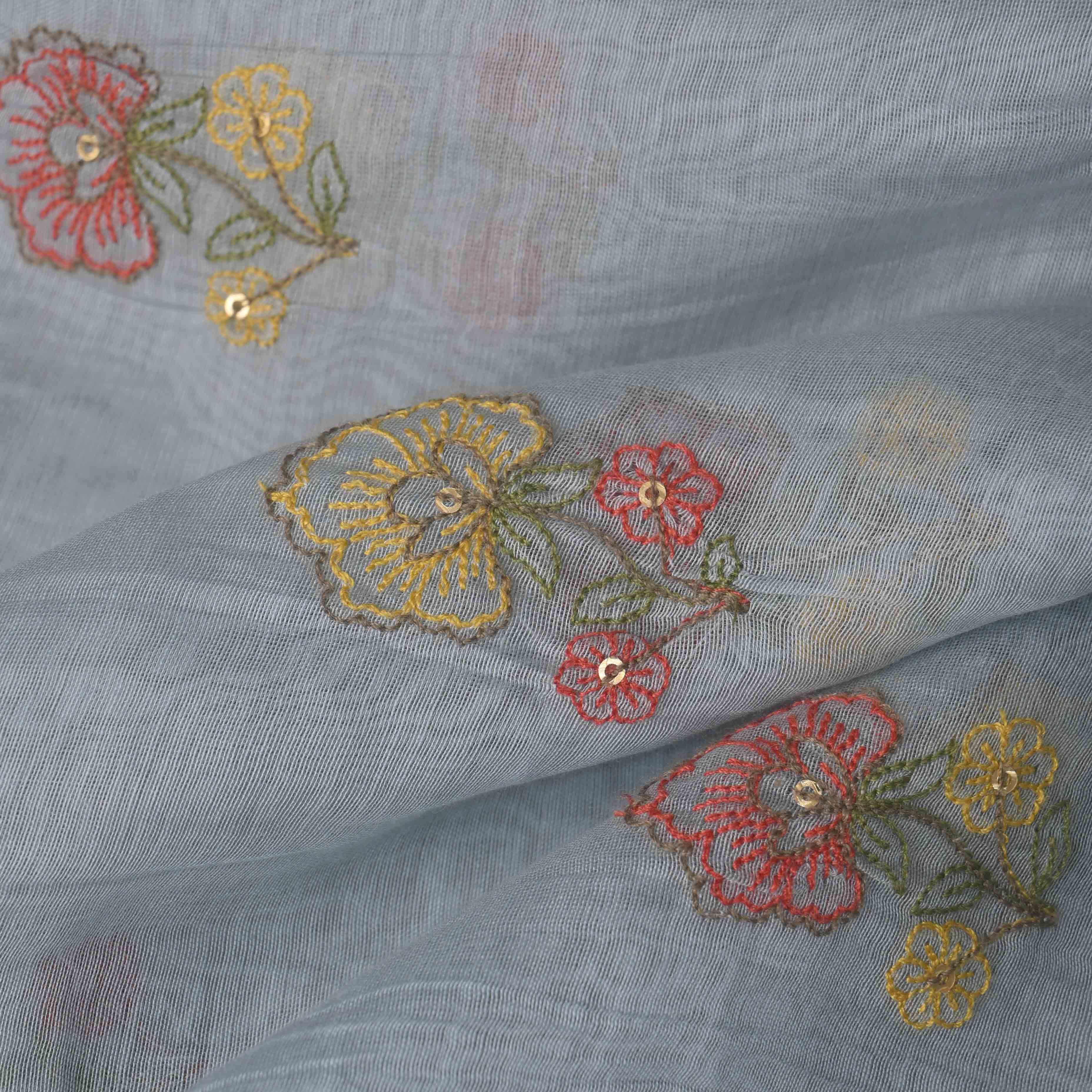 Light Blue Floral Chanderi Fabric With Embroidery