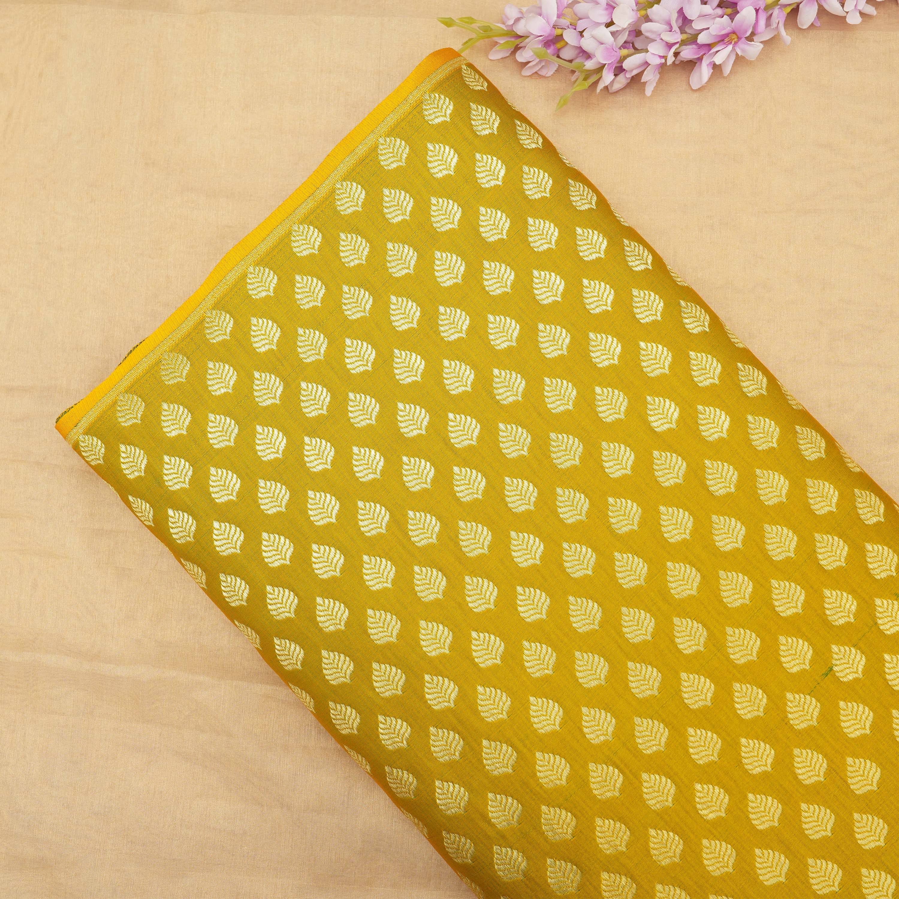 Yellow Jasmine Floral Butti Banrasi Silk Fabric