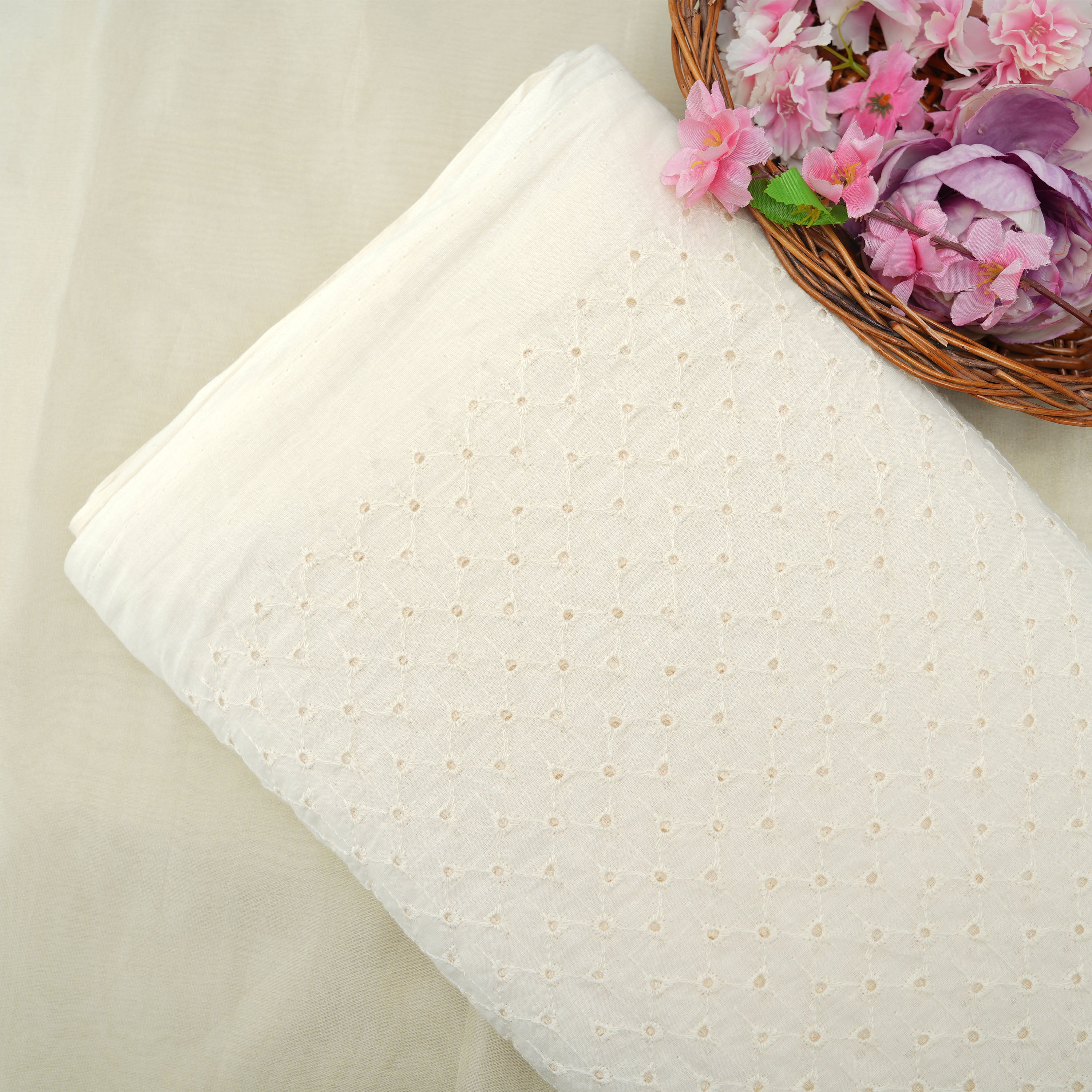 Timberwolf White Geometric Eyelet Pattern Chanderi Fabric