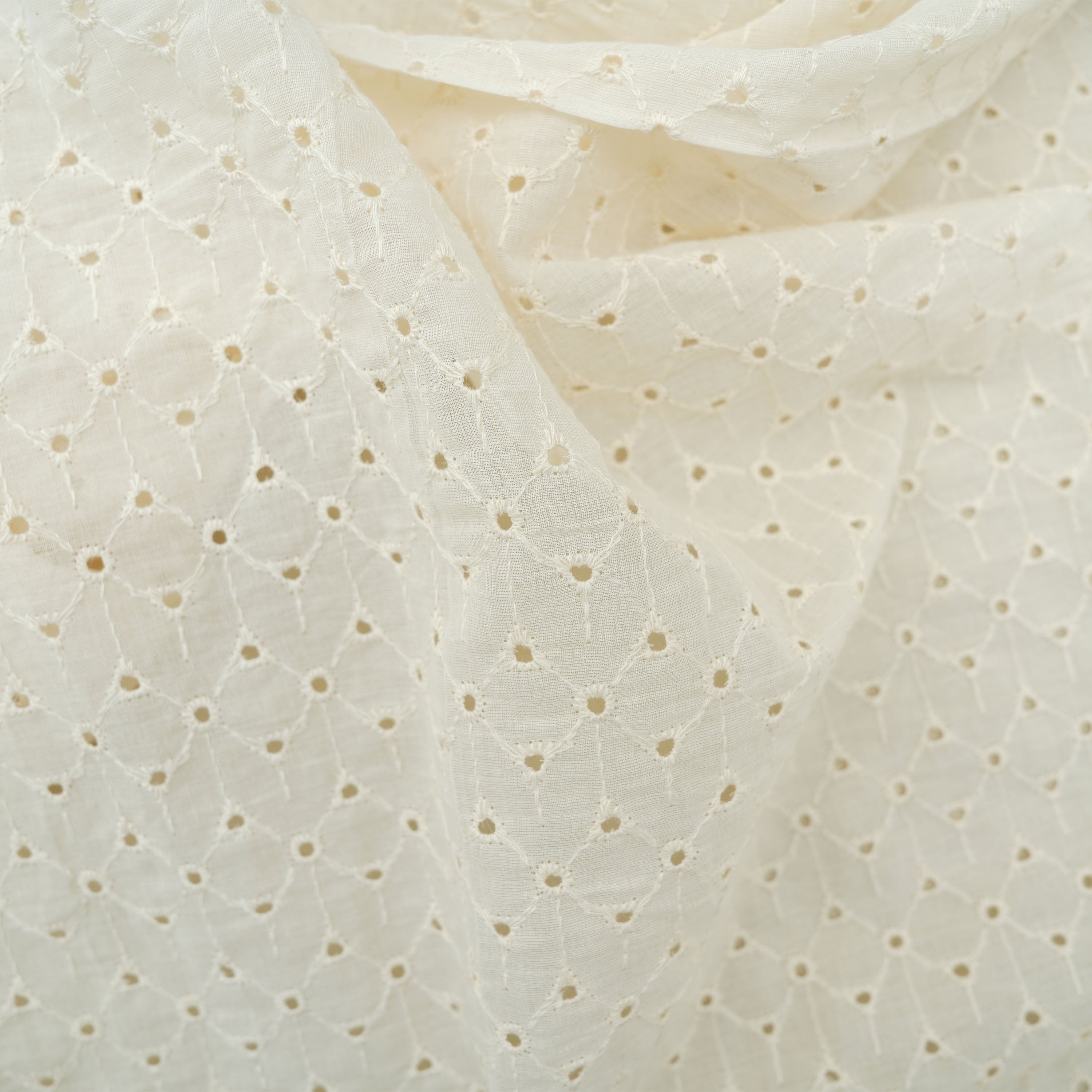 Timberwolf White Geometric Eyelet Pattern Chanderi Fabric