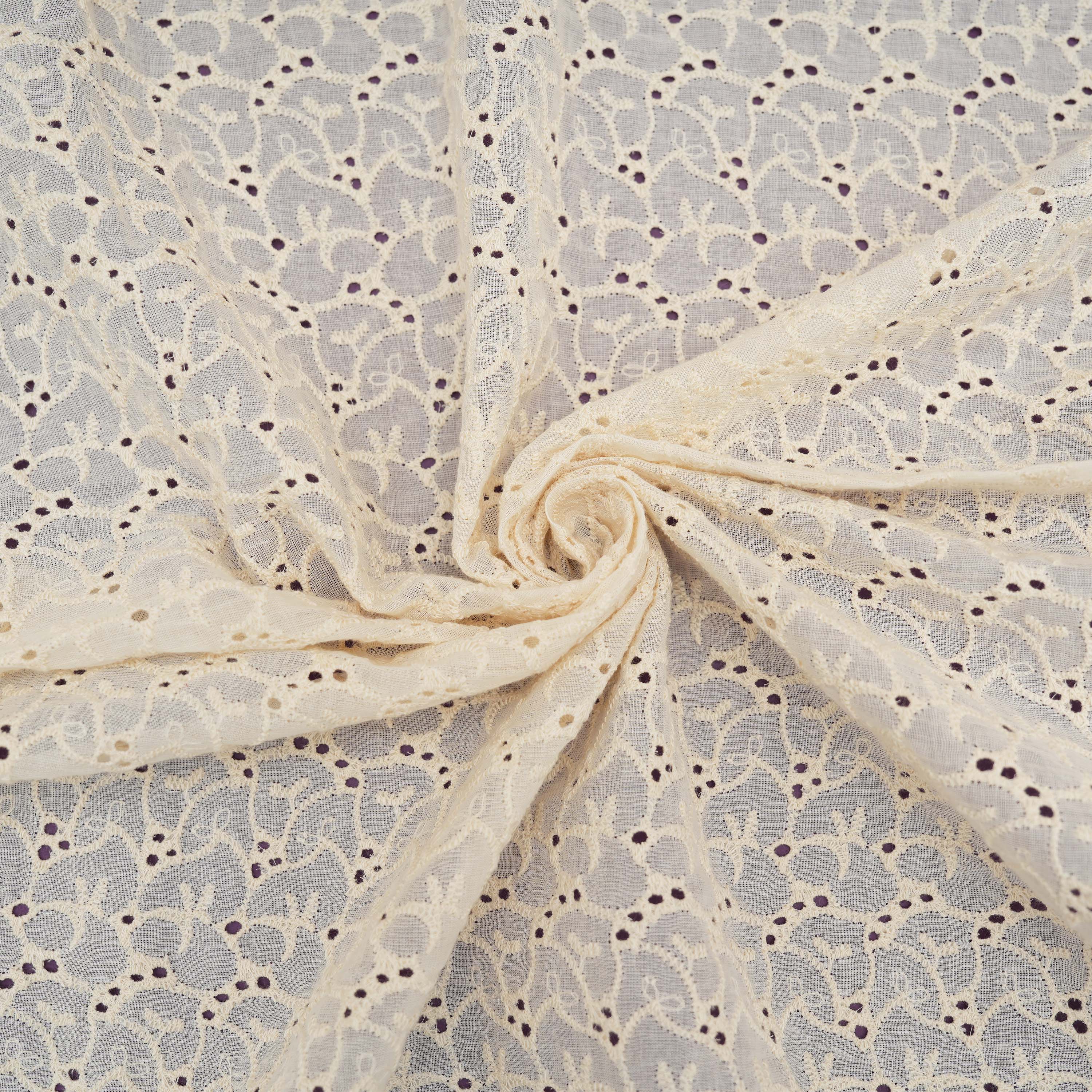 Off White Floral Wool Thread Work Chanderi Fabric