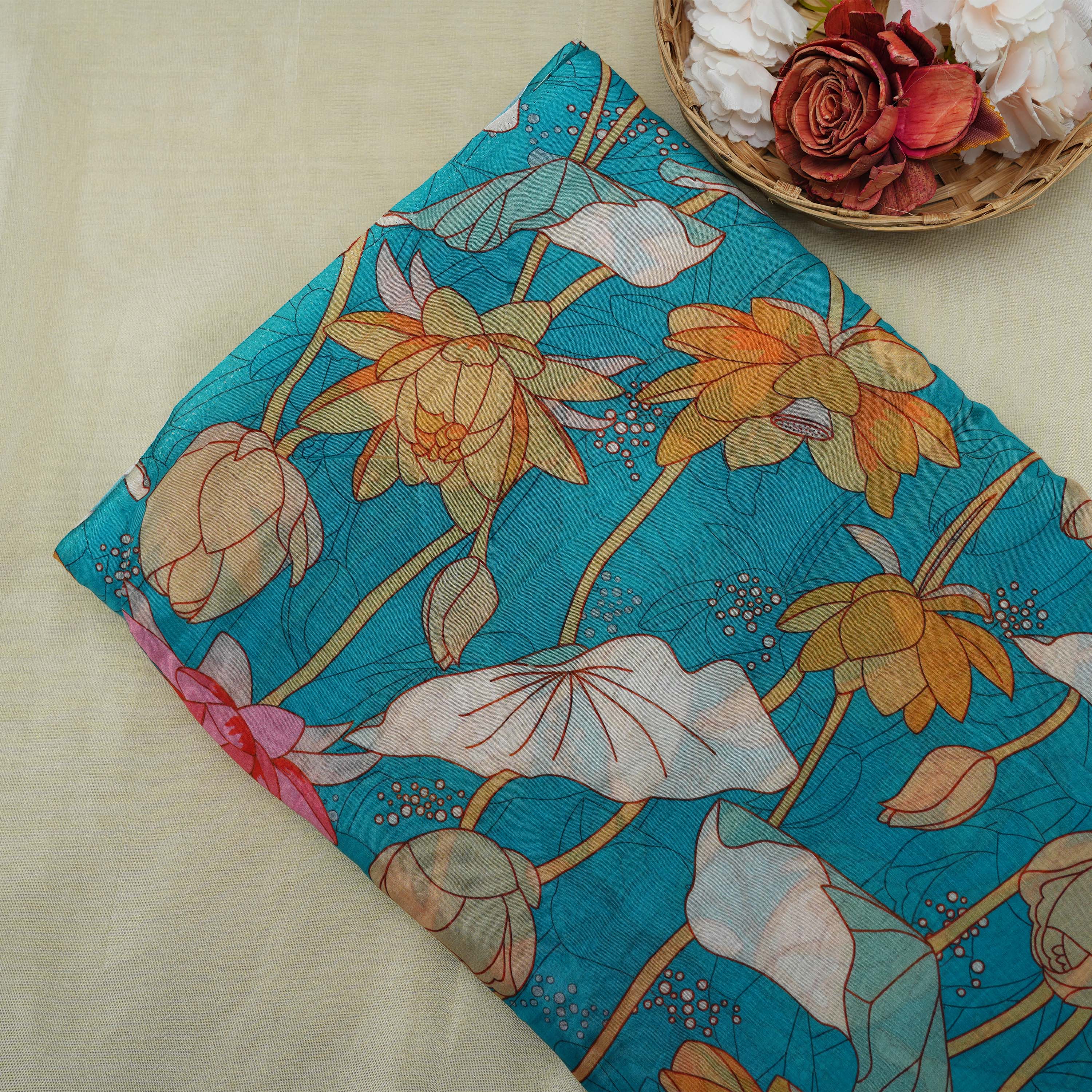Ocean Blue Multi Floral Coloured Digital Printed Silk Fabric