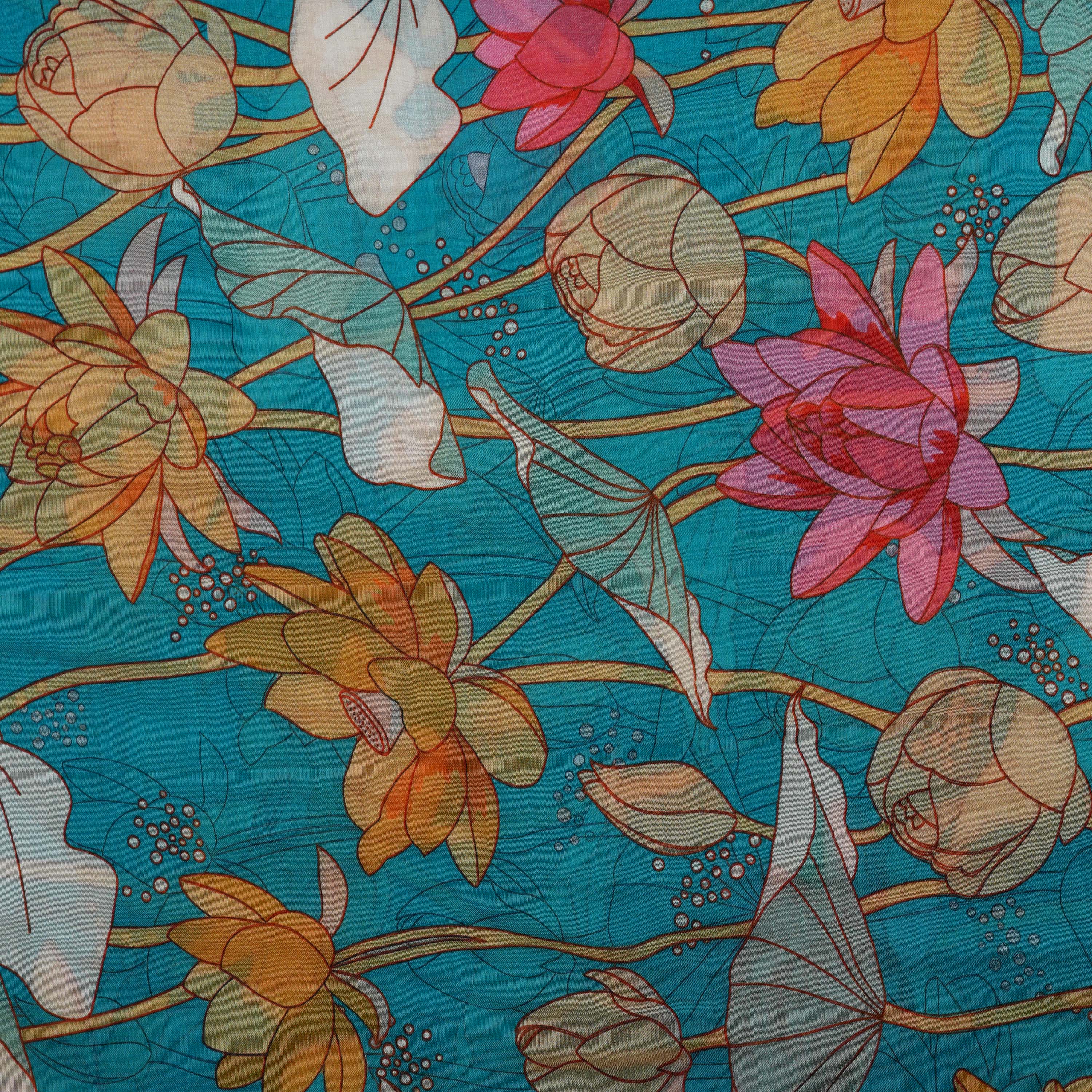 Ocean Blue Multi Floral Coloured Digital Printed Silk Fabric