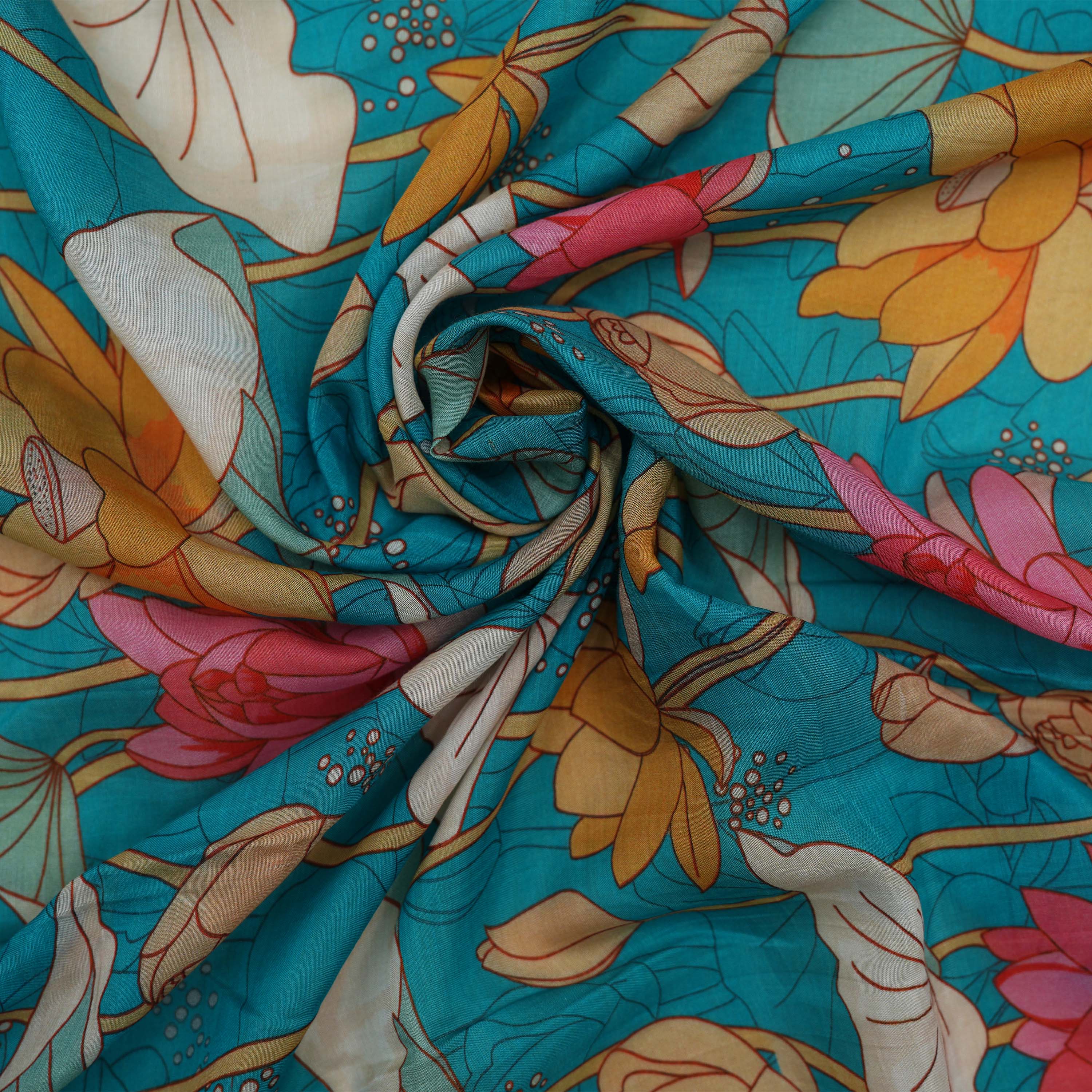 Ocean Blue Multi Floral Coloured Digital Printed Silk Fabric