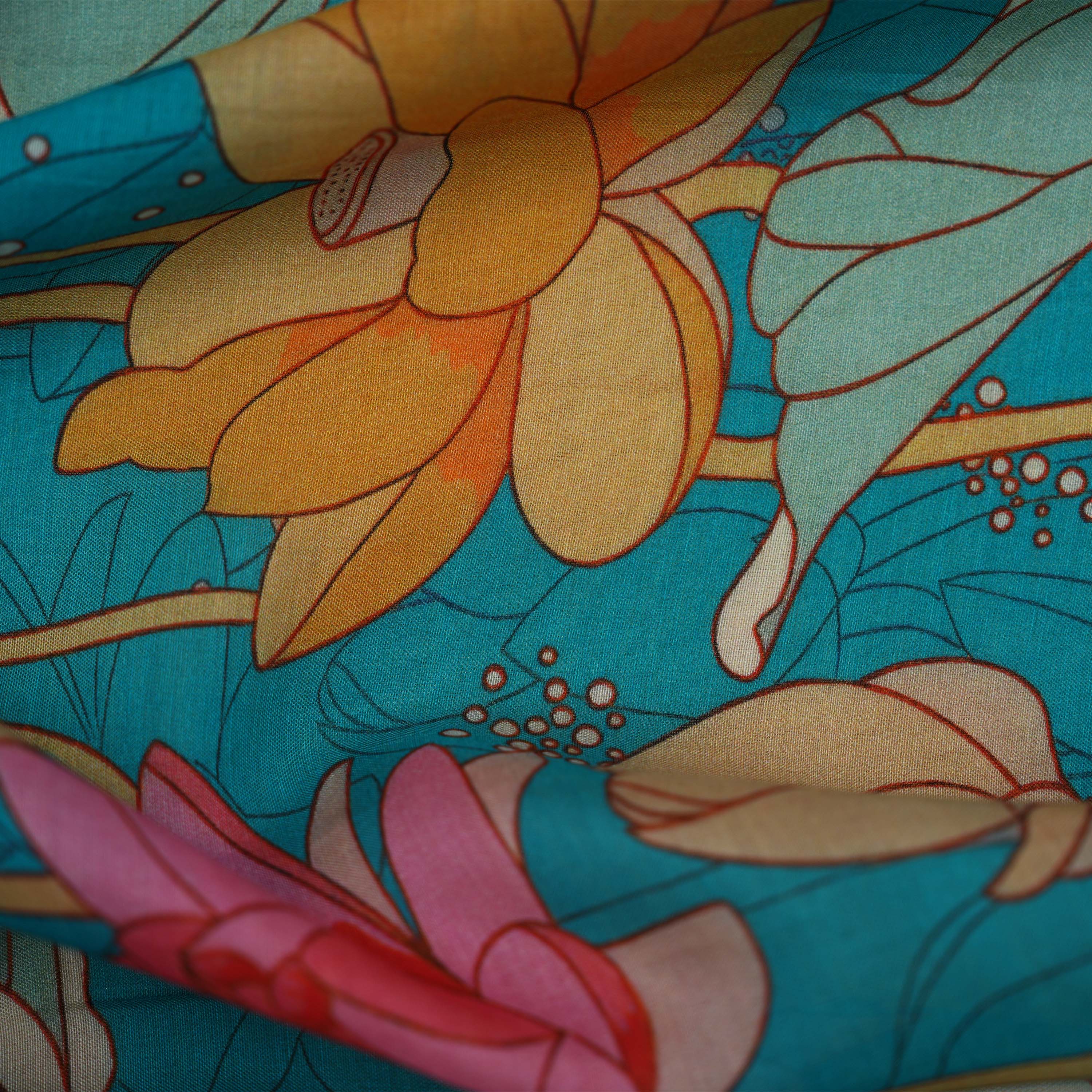 Ocean Blue Multi Floral Coloured Digital Printed Silk Fabric