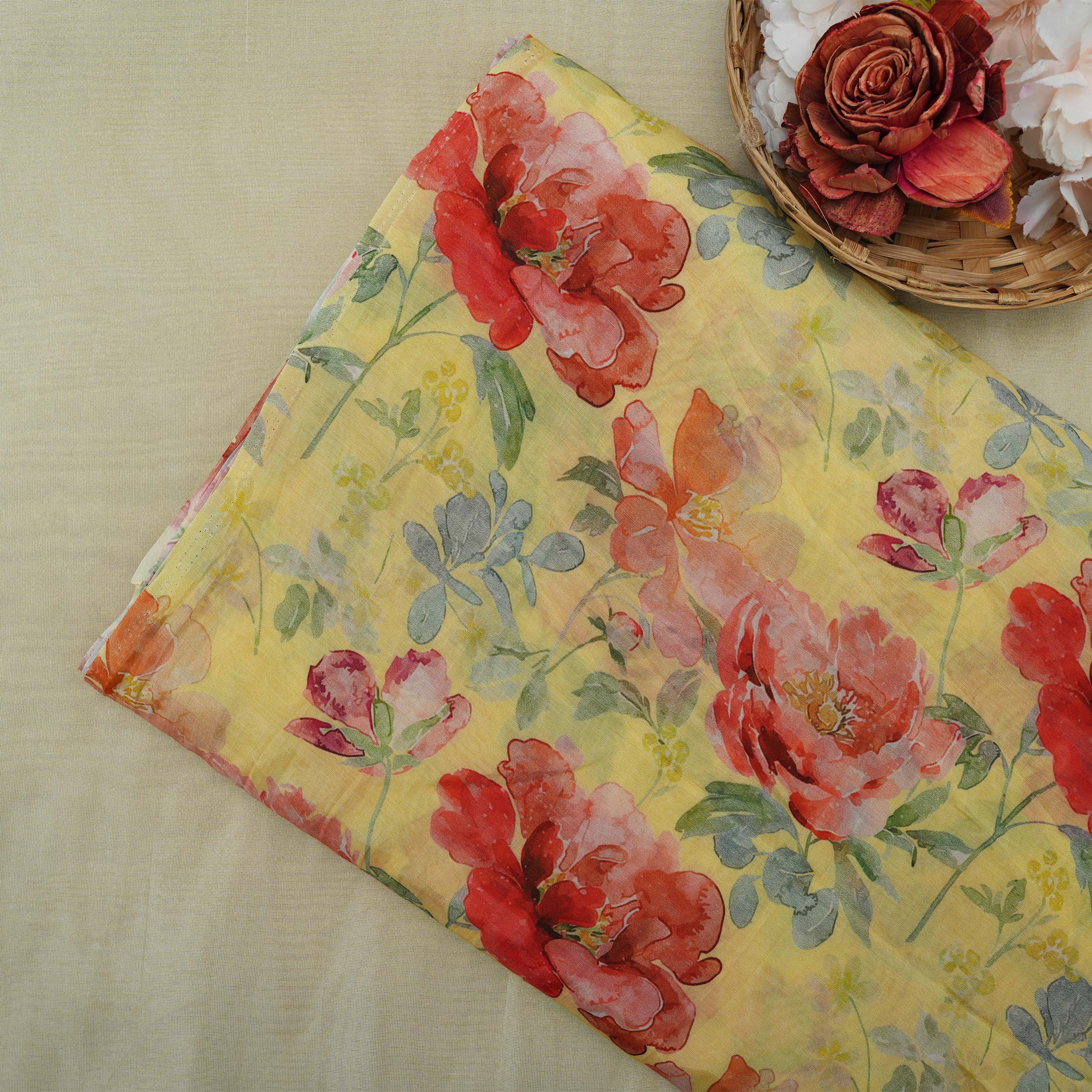 Fall Leaf Yellow Multi Color Floral Digital Peint Silk Fabric