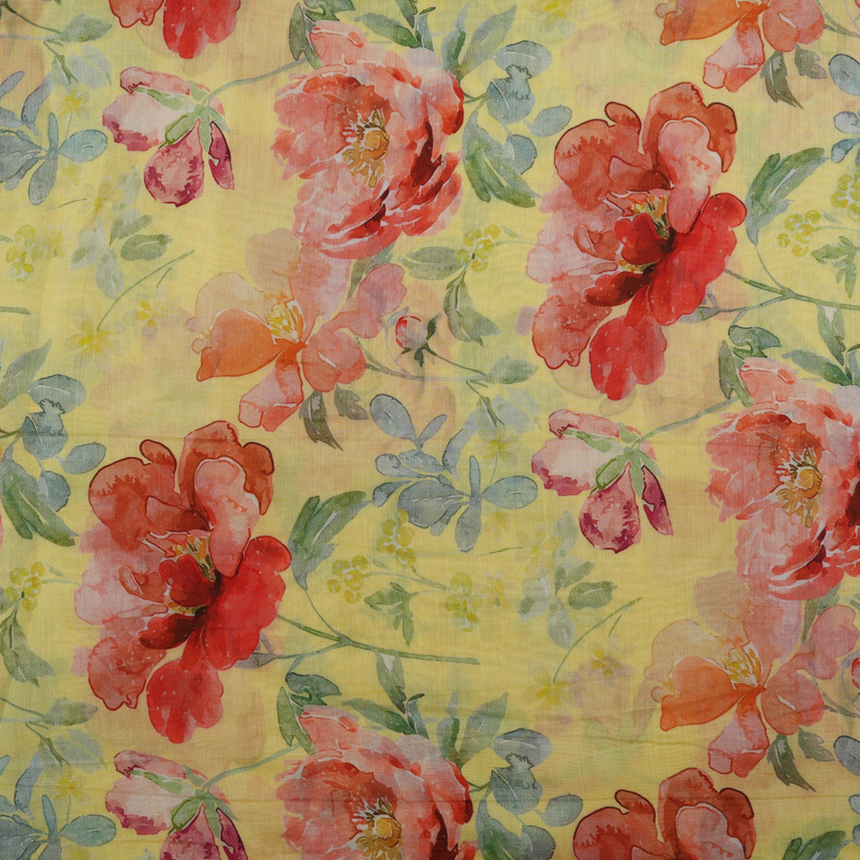 Fall Leaf Yellow Multi Color Floral Digital Peint Silk Fabric