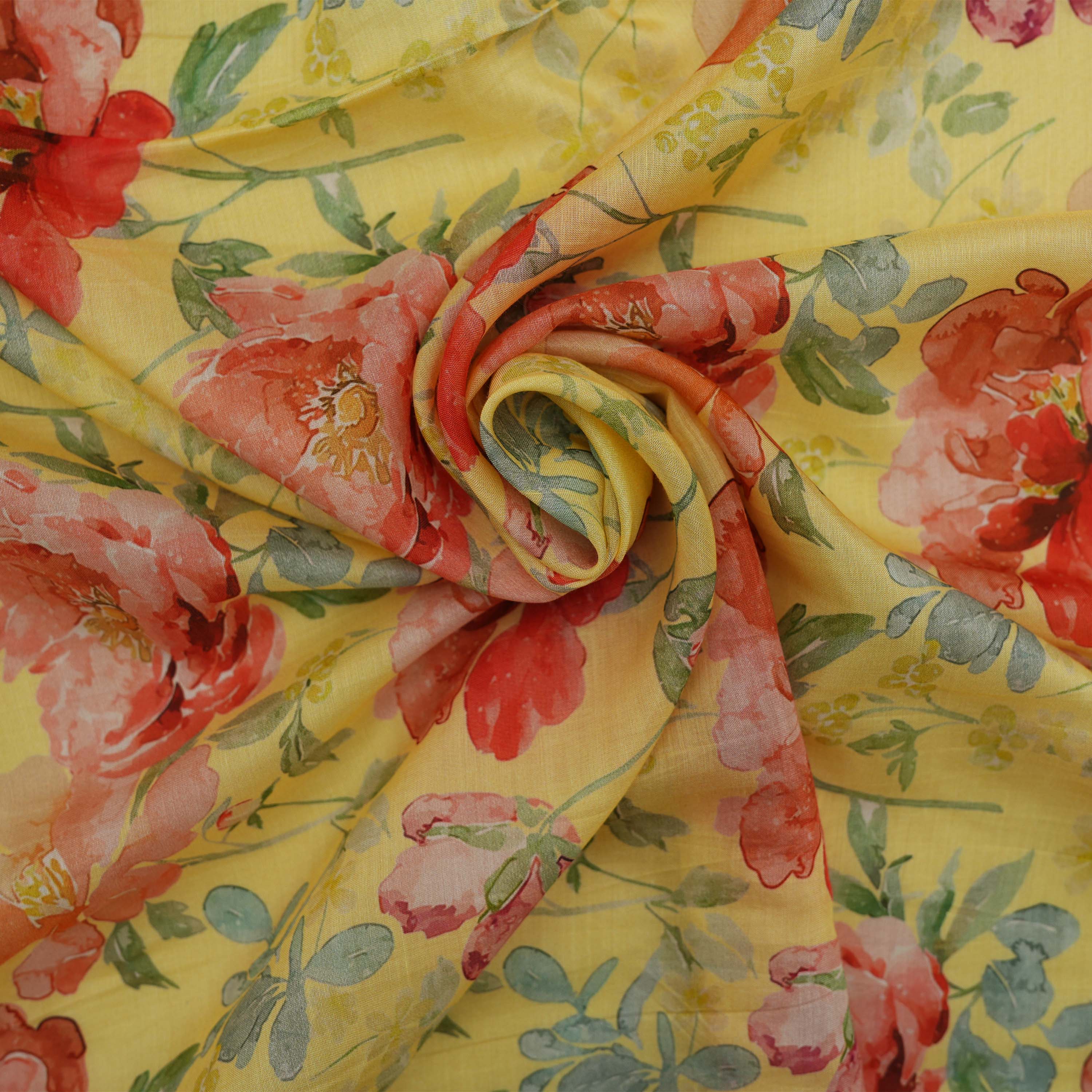 Fall Leaf Yellow Multi Color Floral Digital Peint Silk Fabric