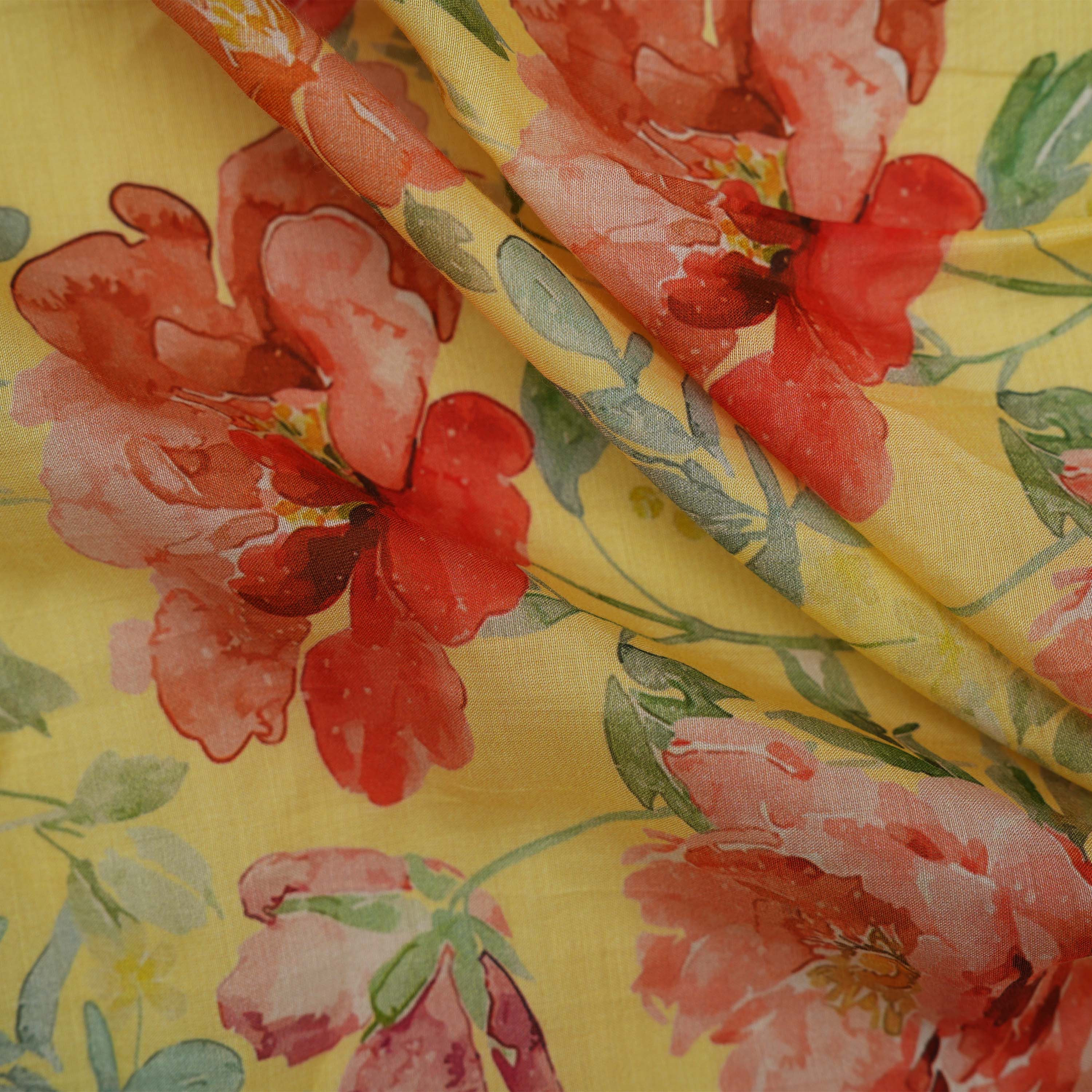 Fall Leaf Yellow Multi Color Floral Digital Peint Silk Fabric