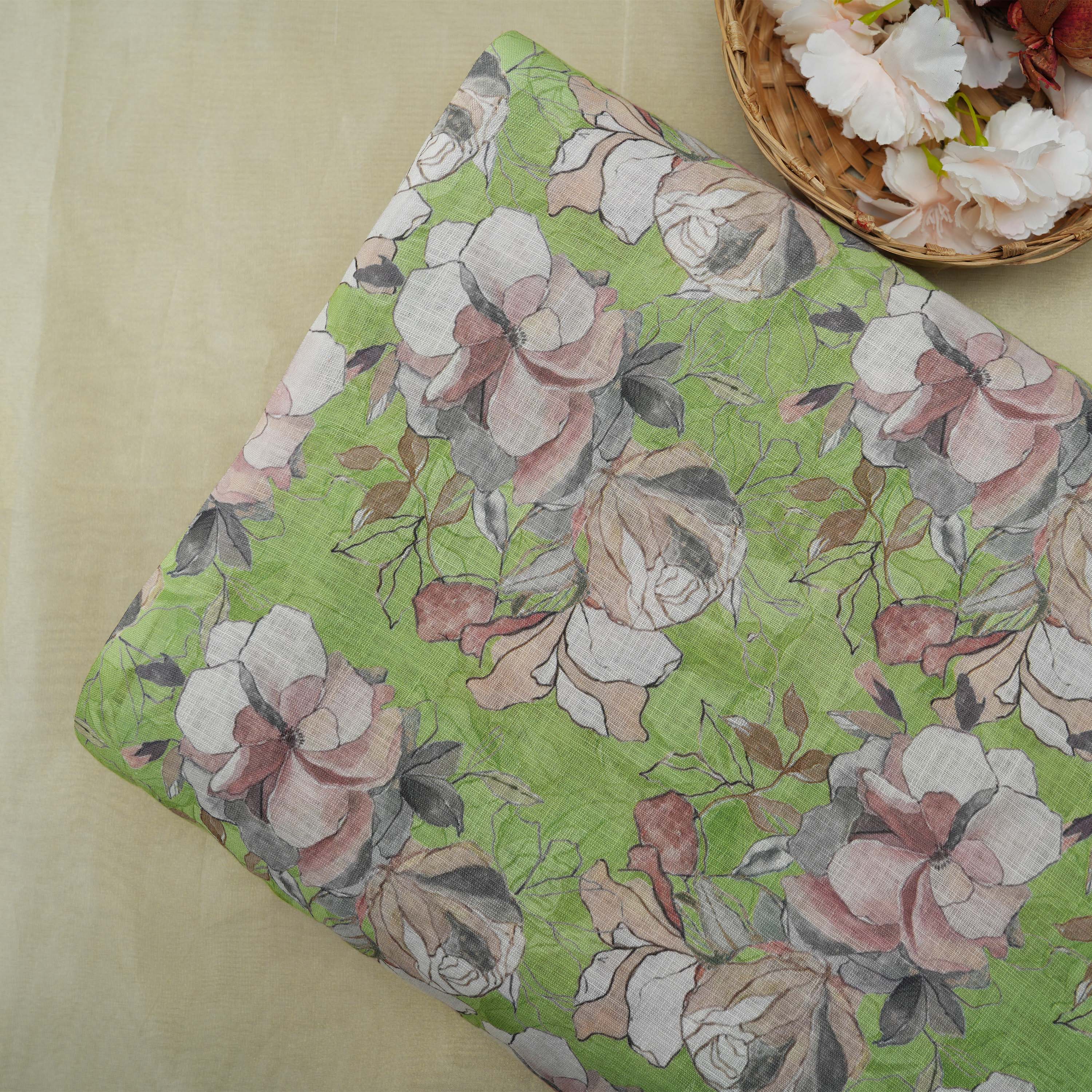 Swamp Green Multicolor Digital Floral Printed Linen Fabric