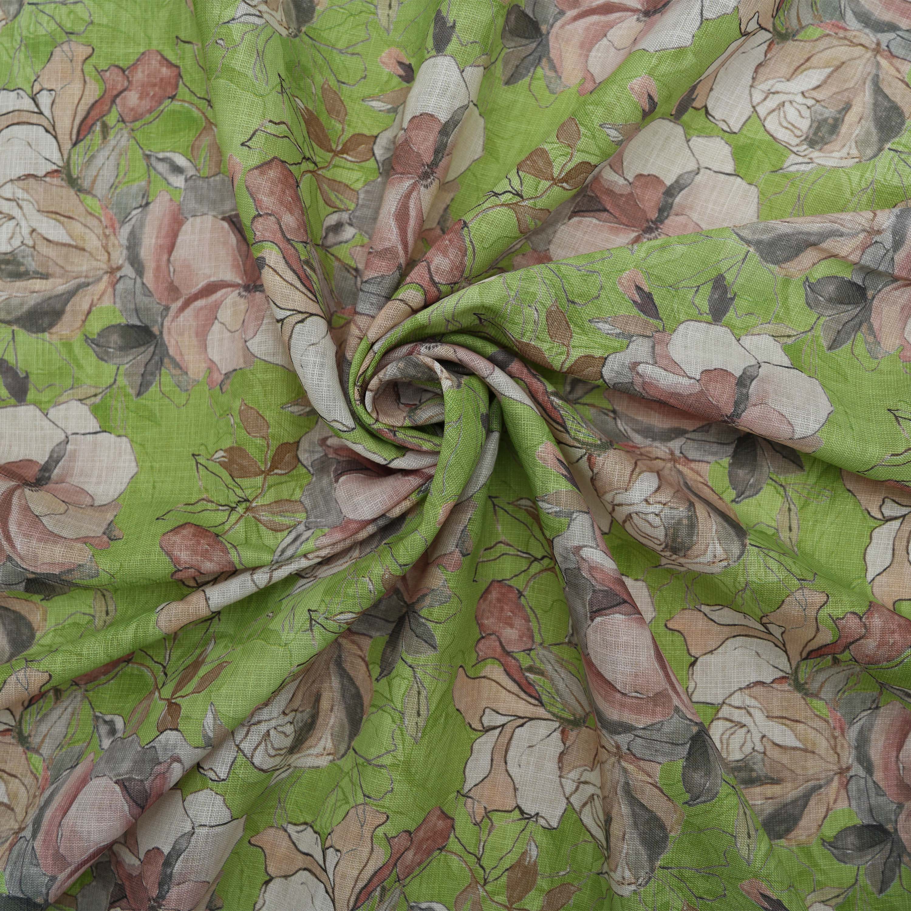 Swamp Green Multicolor Digital Floral Printed Linen Fabric