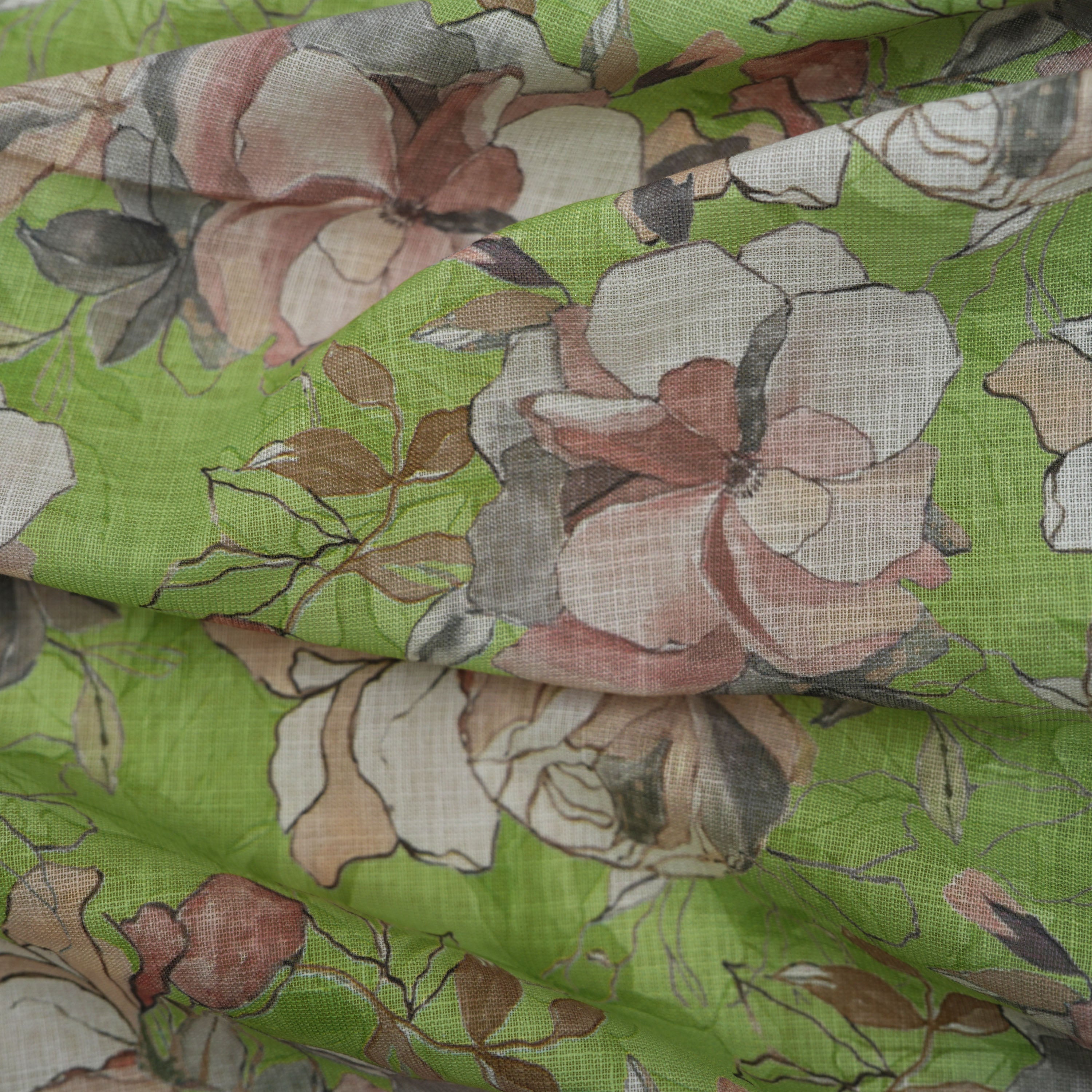 Swamp Green Multicolor Digital Floral Printed Linen Fabric