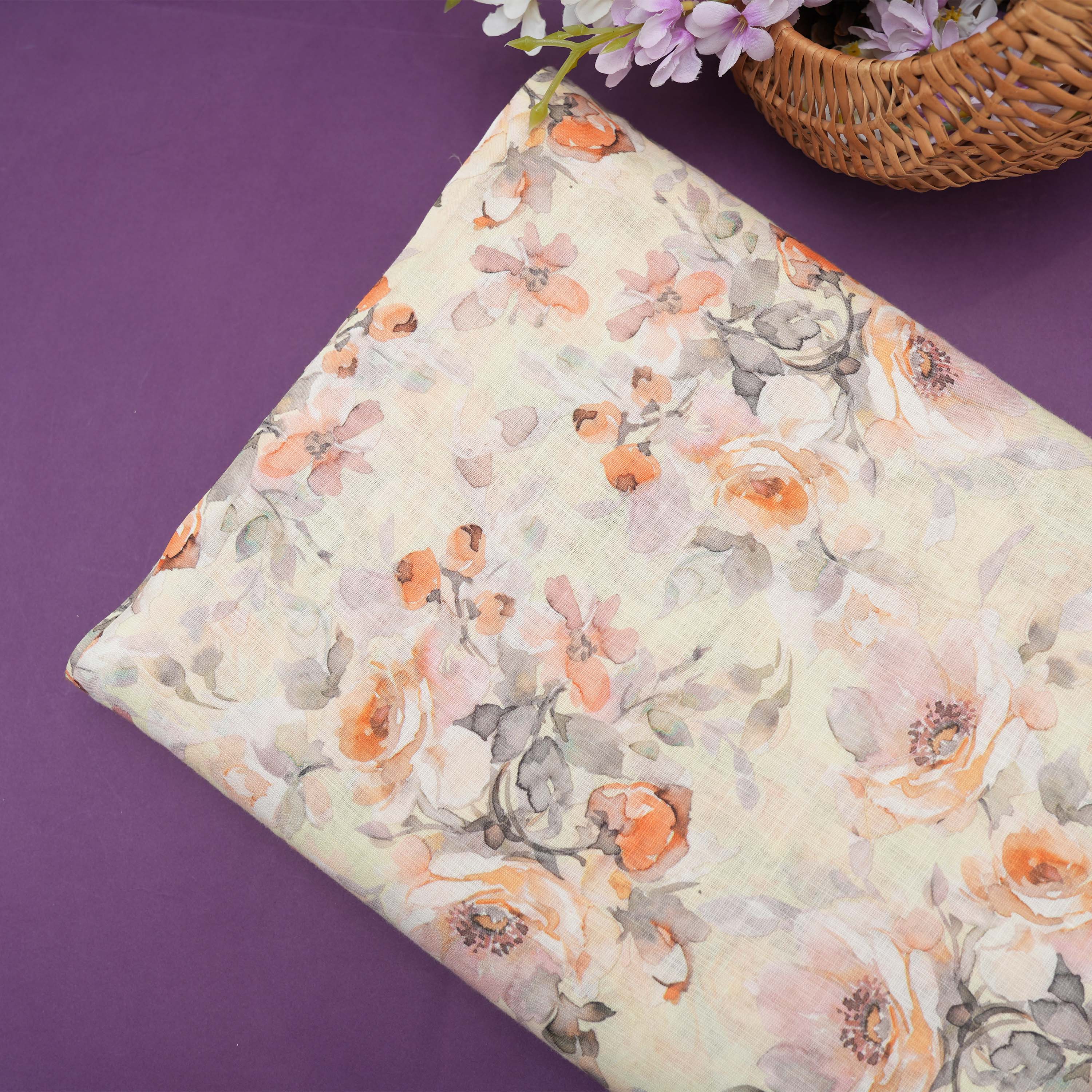 Creme White Floral Printed Linen Fabric
