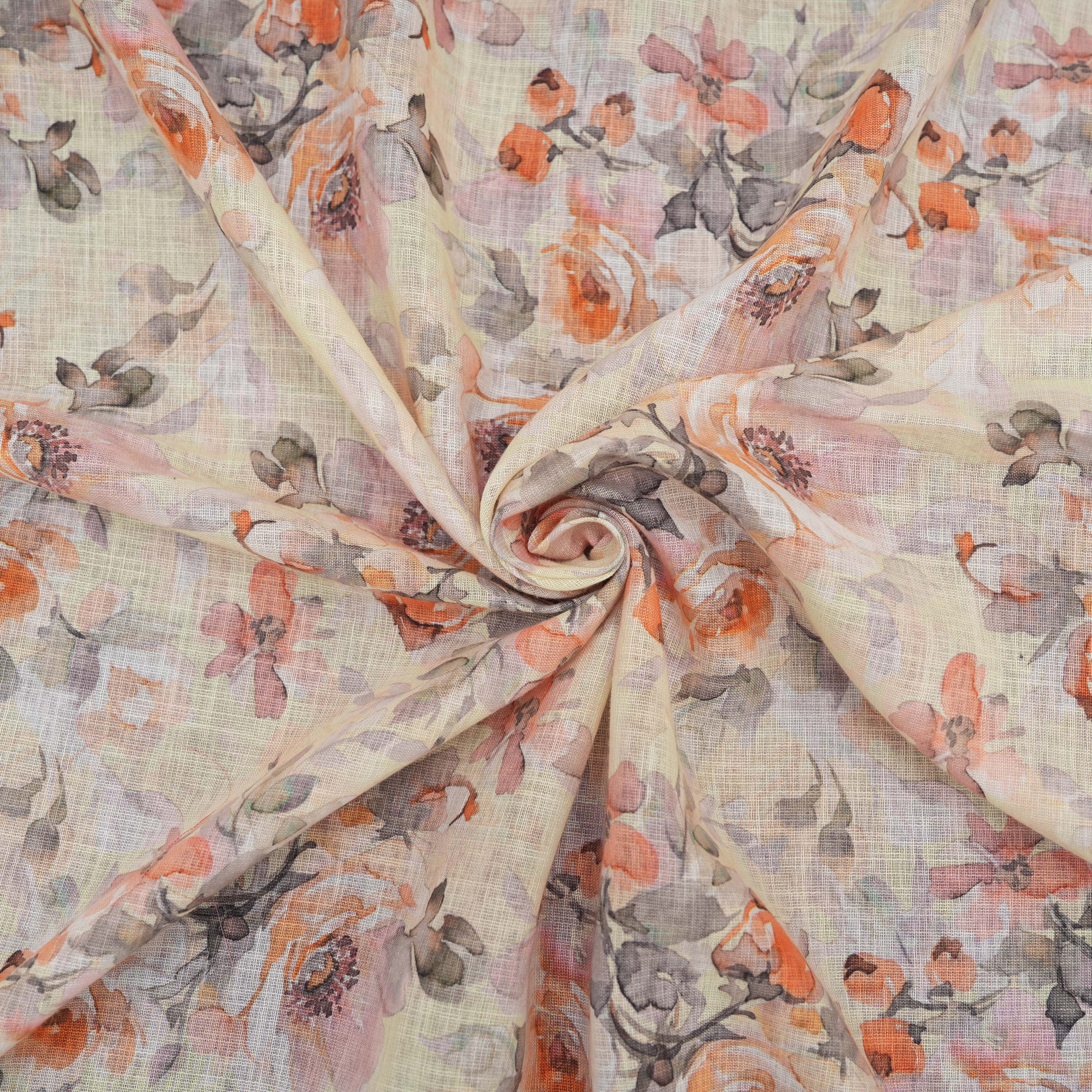 Creme White Floral Printed Linen Fabric