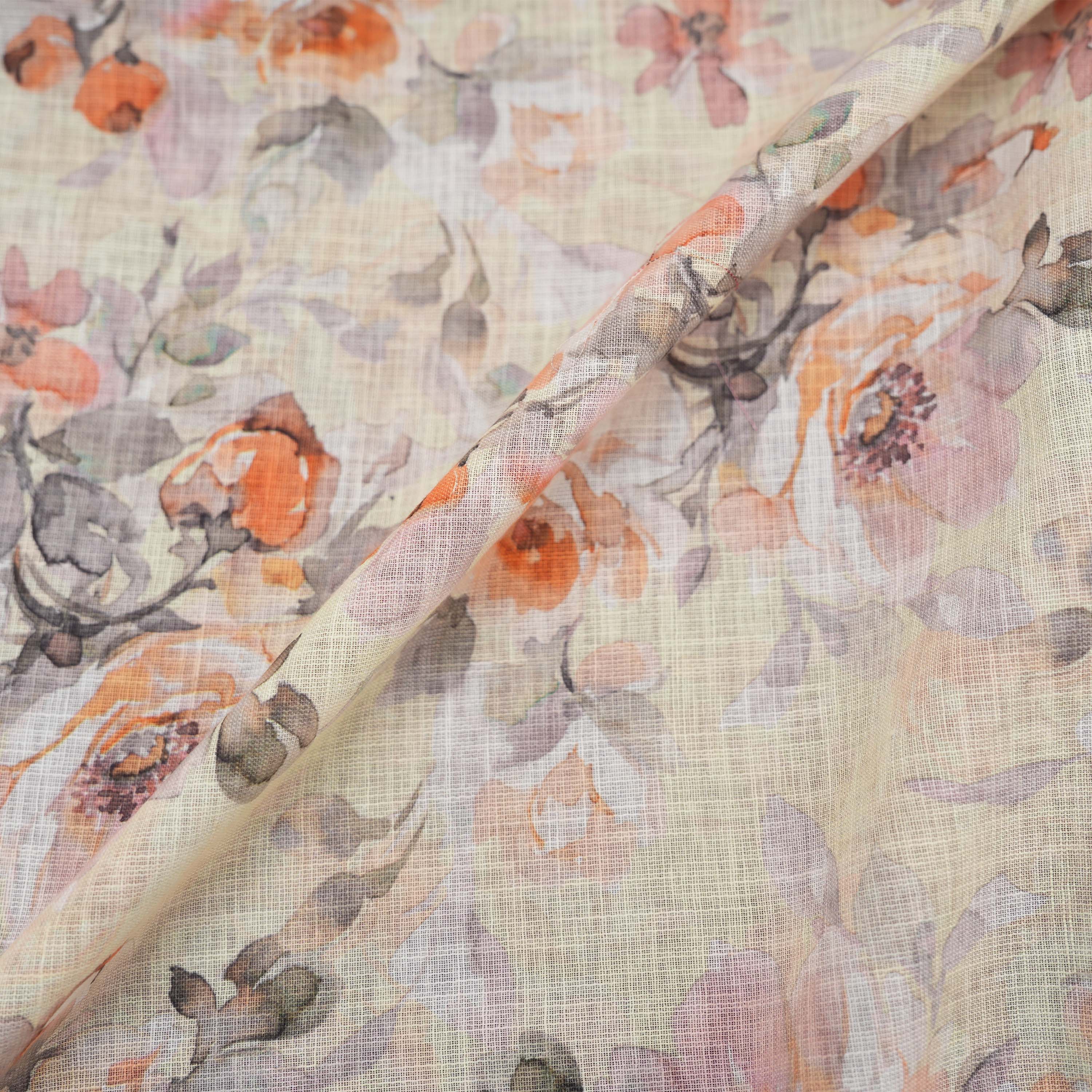 Creme White Floral Printed Linen Fabric