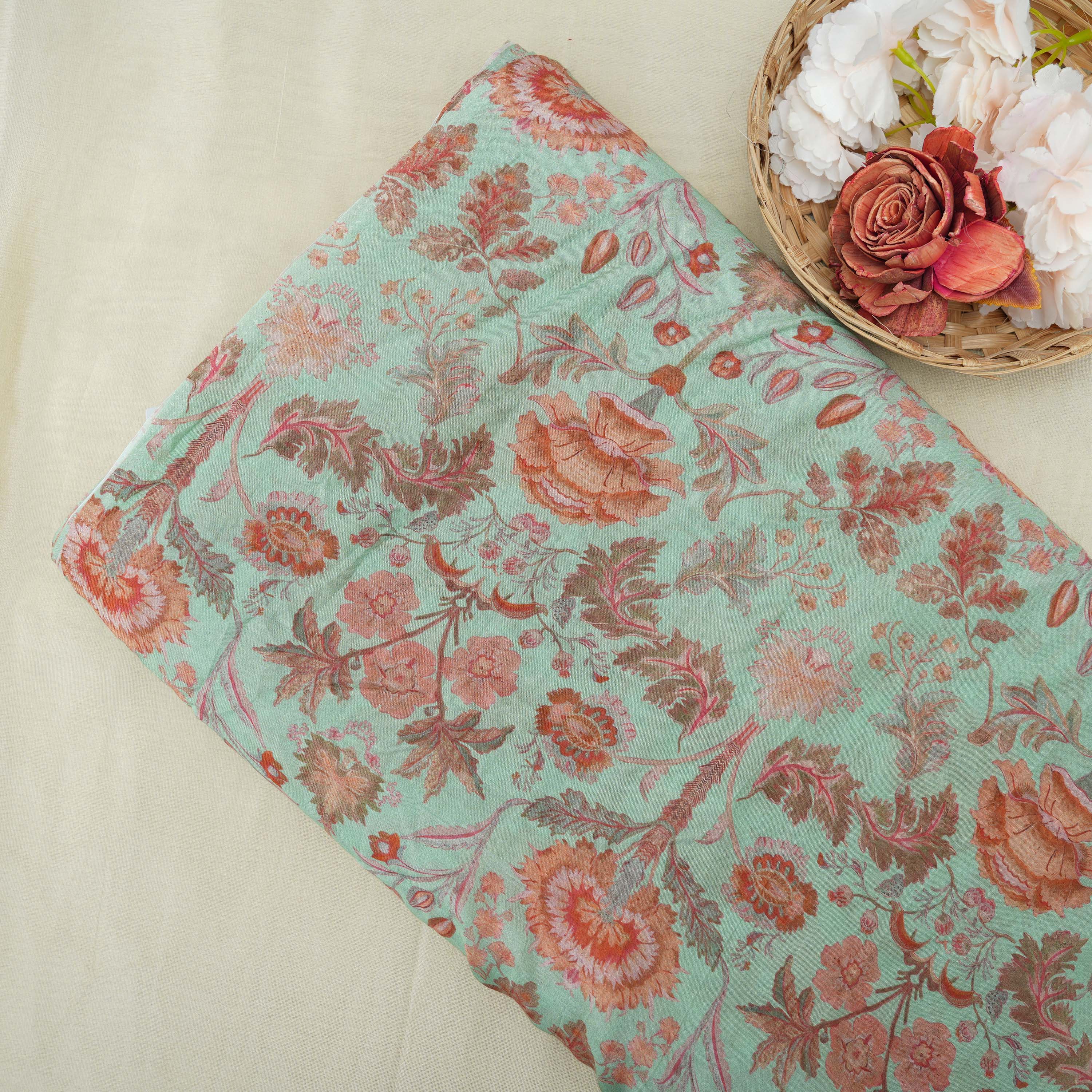 Spanish Green Intricate Multicolor Floral Printed Chanderi Fabric