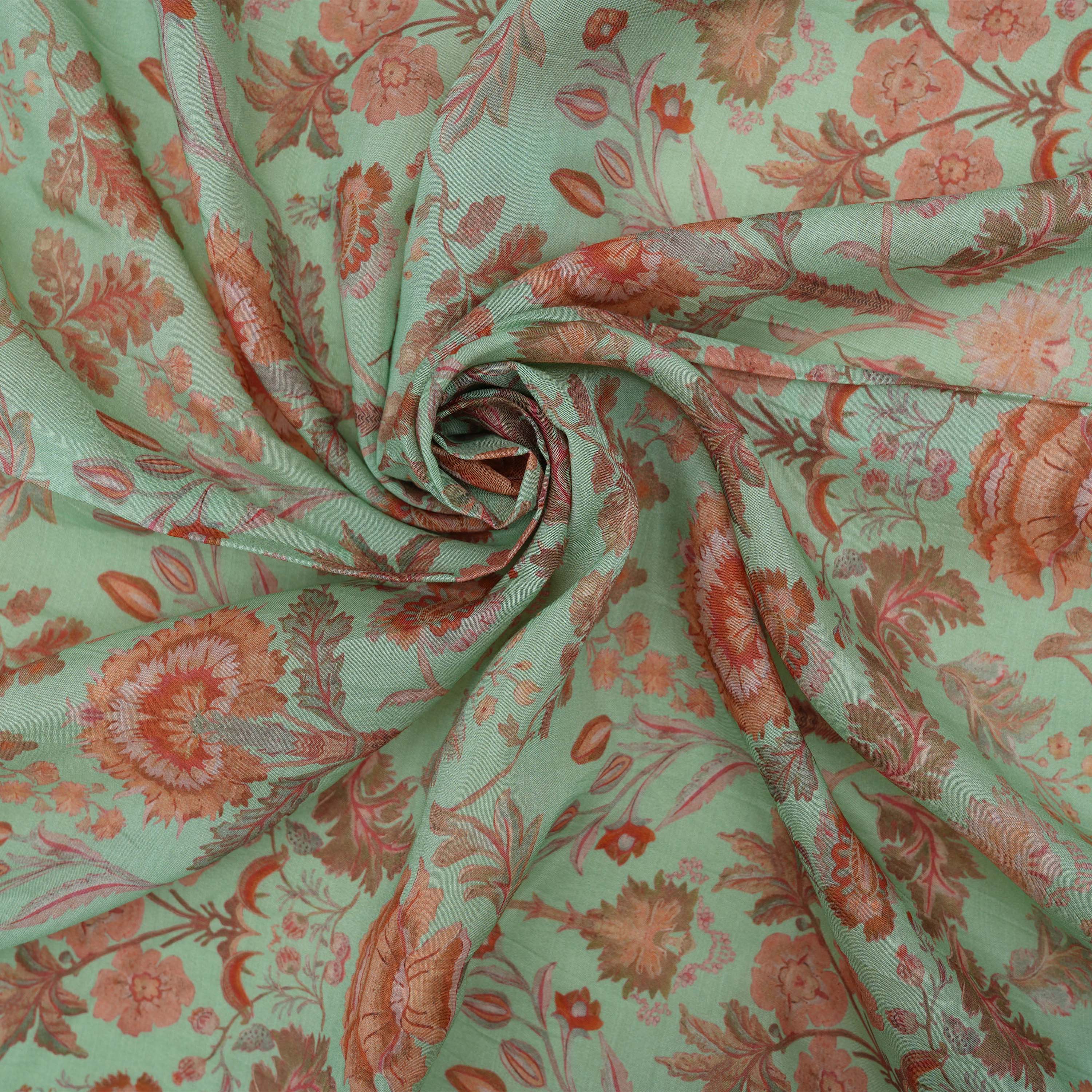 Spanish Green Intricate Multicolor Floral Printed Chanderi Fabric
