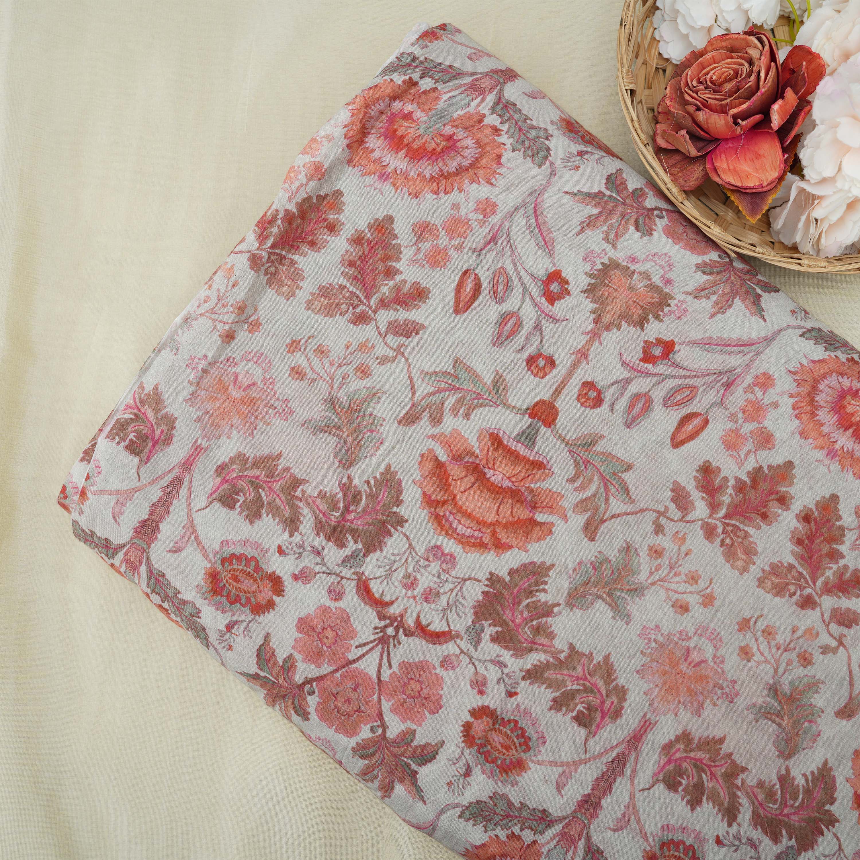 Coral Seed White Multicolor Floral Printed Chanderi Fabric