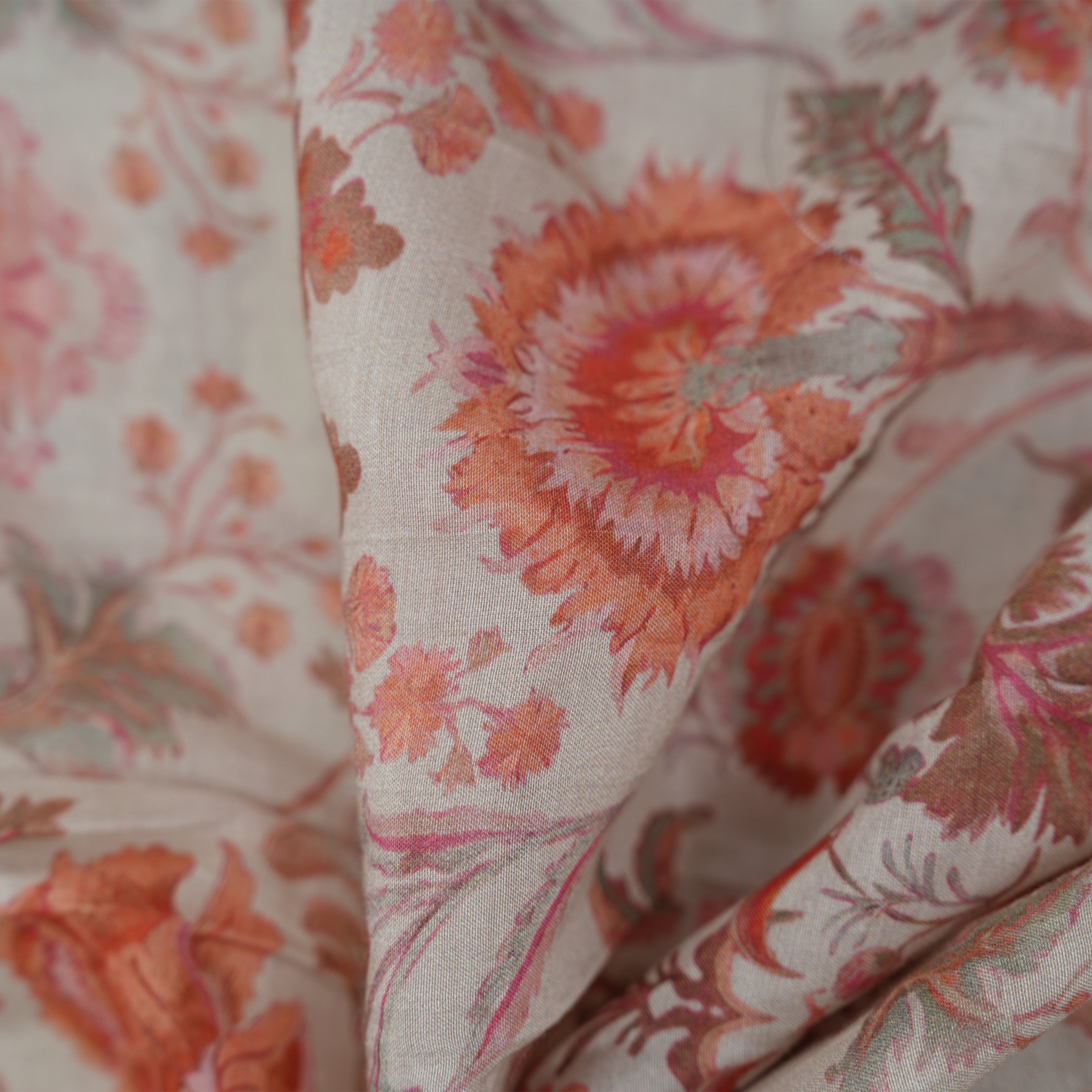 Coral Seed White Floral Printed Chanderi Fabric