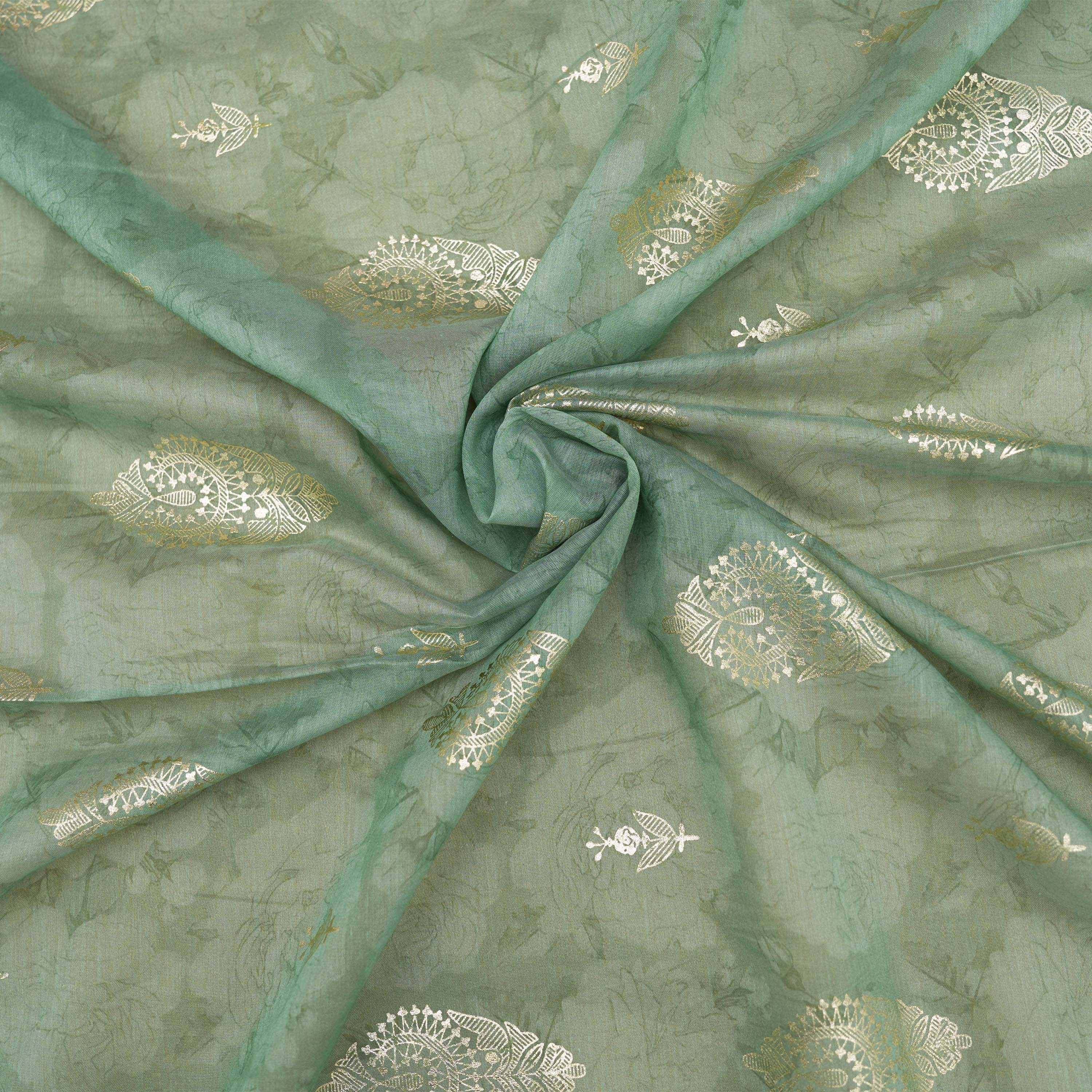 Sea Green Floral Embroidered Chanderi Fabric