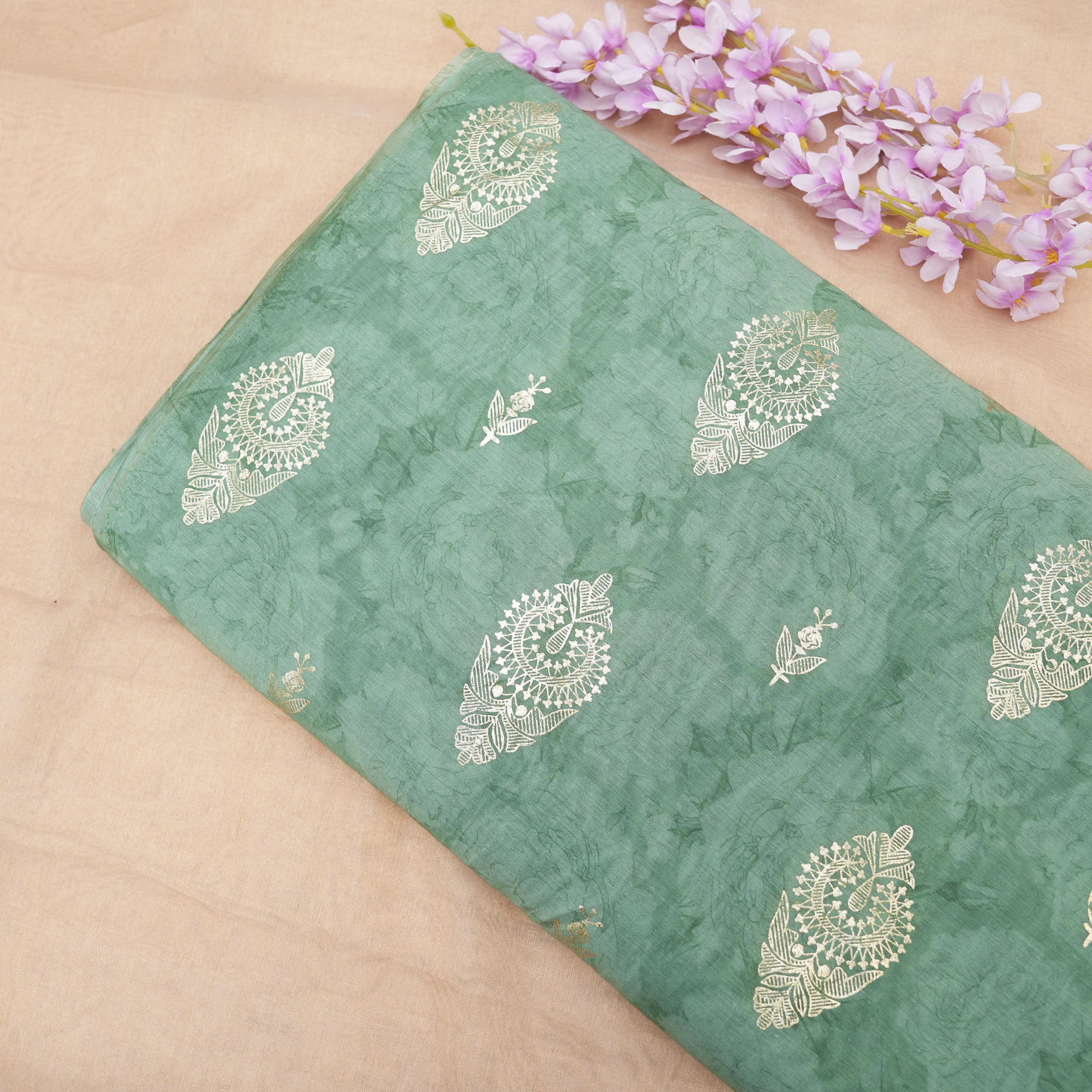 Sea Green Floral Embroidered Chanderi Fabric
