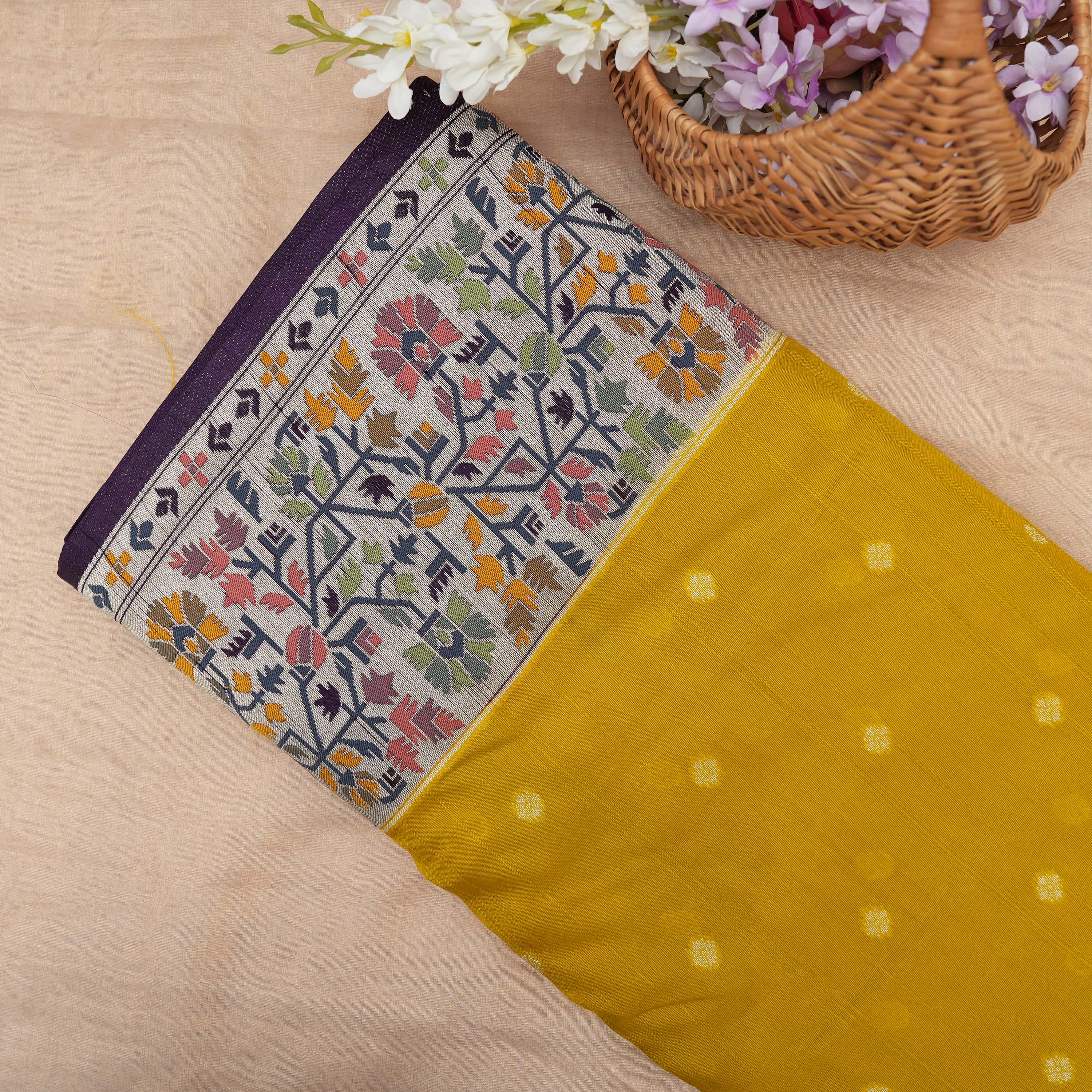 Mustard Yellow Floral Border Raw Silk Fabric