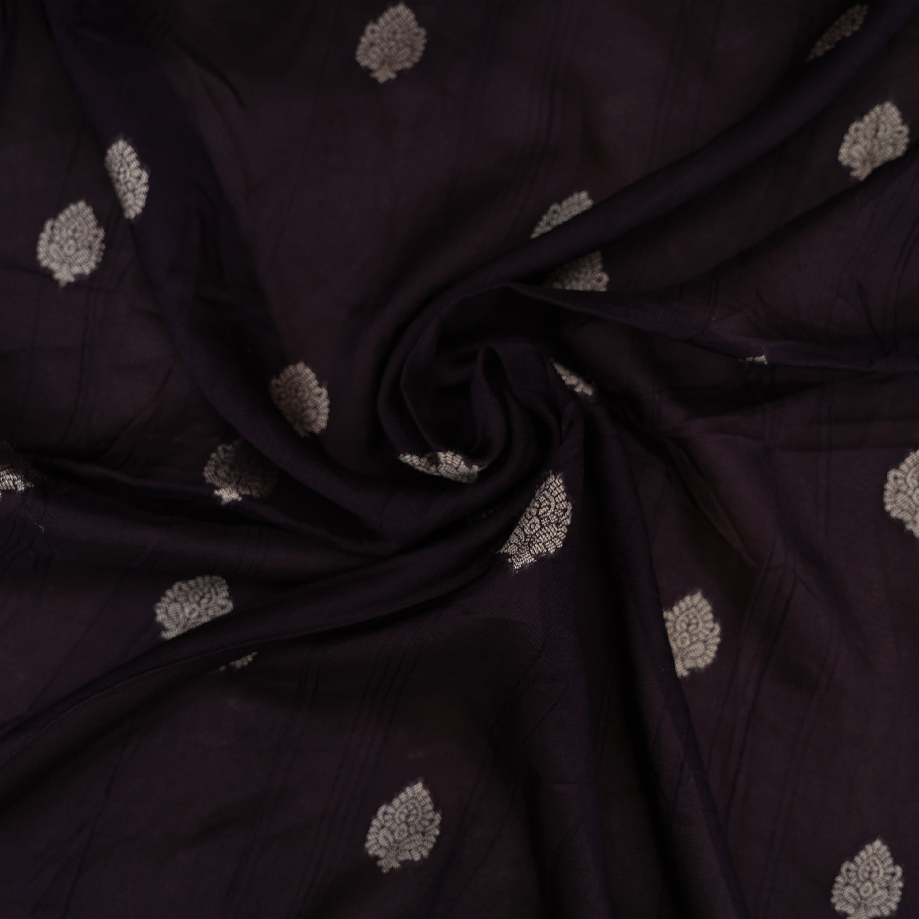 Jet Black Kili And Floral Contrast Border Raw Silk Fabric