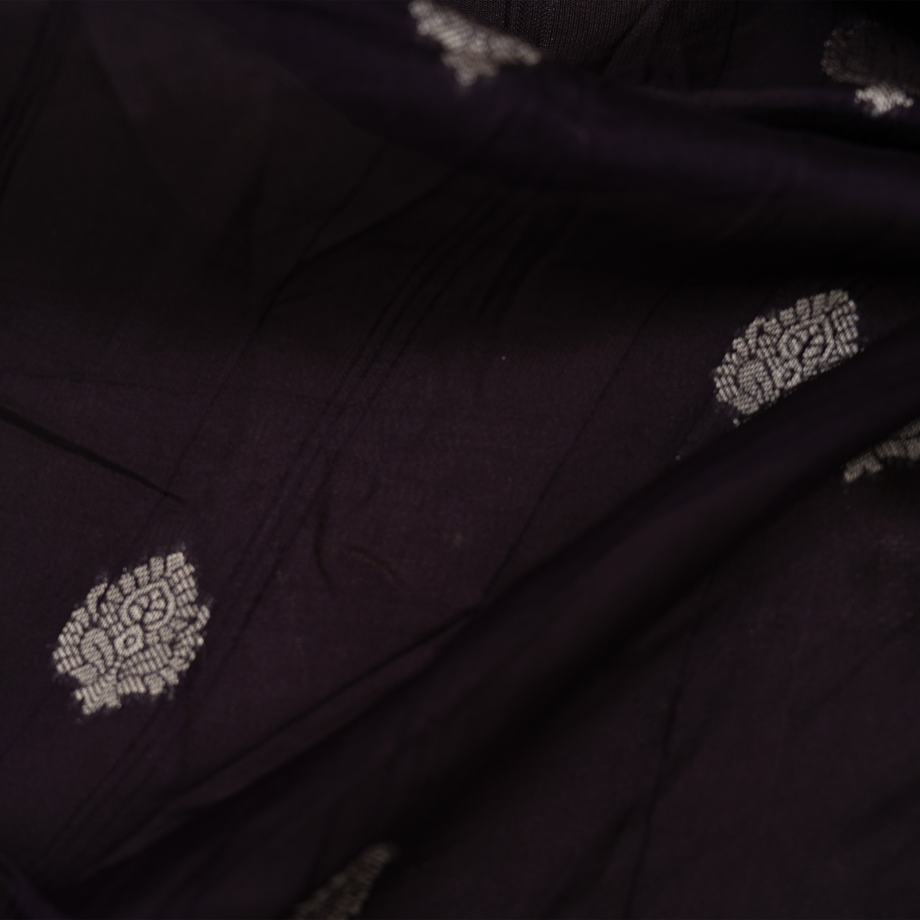 Jet Black Kili And Floral Contrast Border Raw Silk Fabric