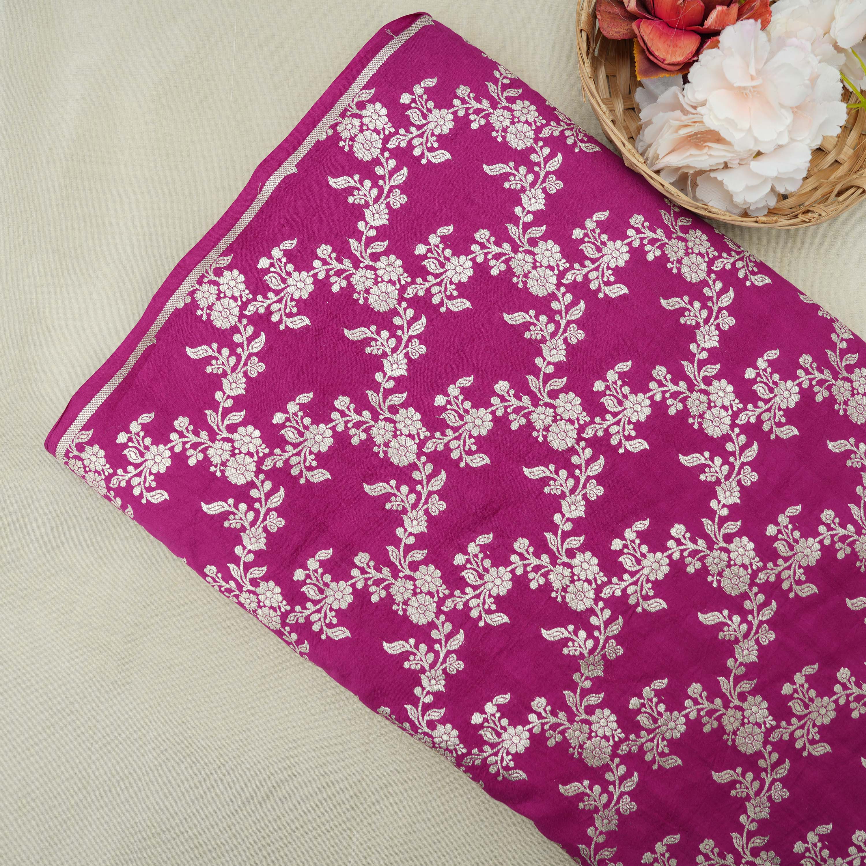 Rose Bud Cherry Pink Intricate Floral Jaal Jamwar Silk Fabric