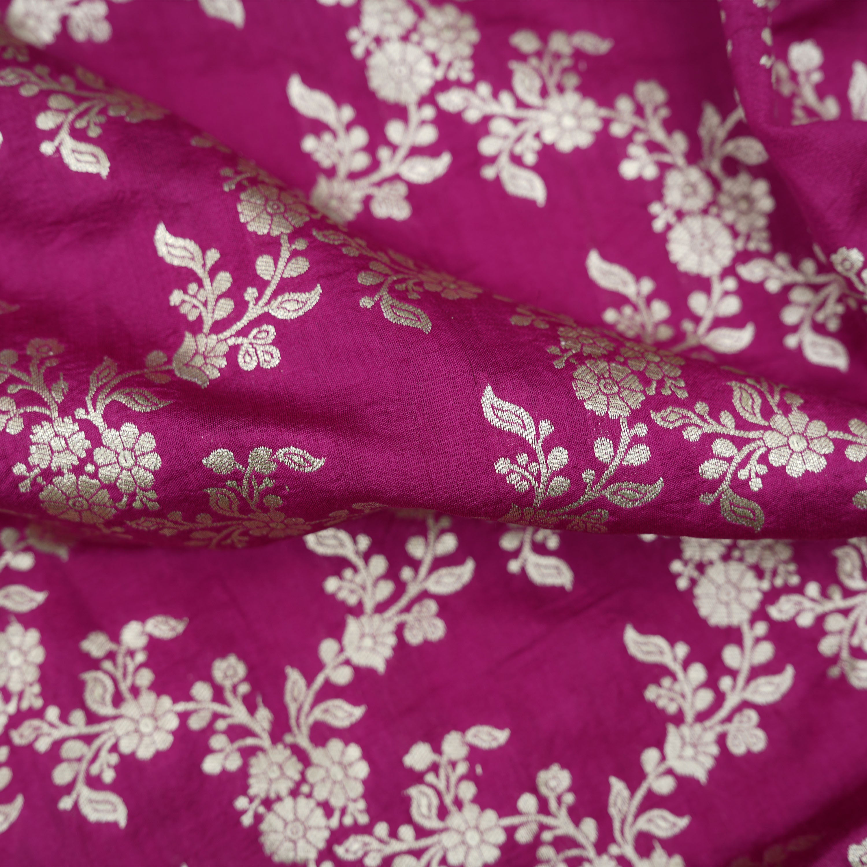 Rose Bud Cherry Pink Intricate Floral Jaal Jamwar Silk Fabric