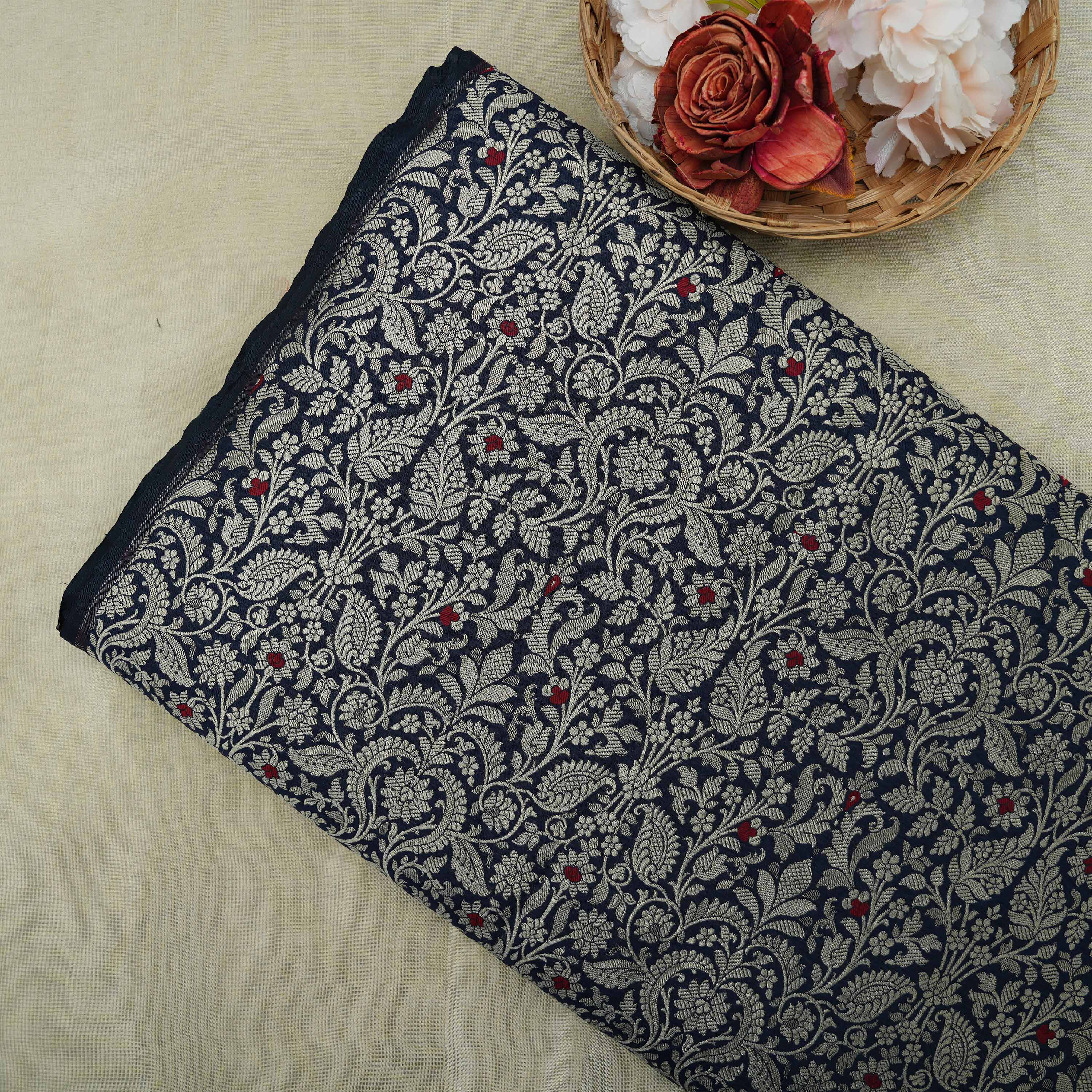 Cinder Blue Intricate Floral Jaal With Paisley Jamwar Silk Fabric