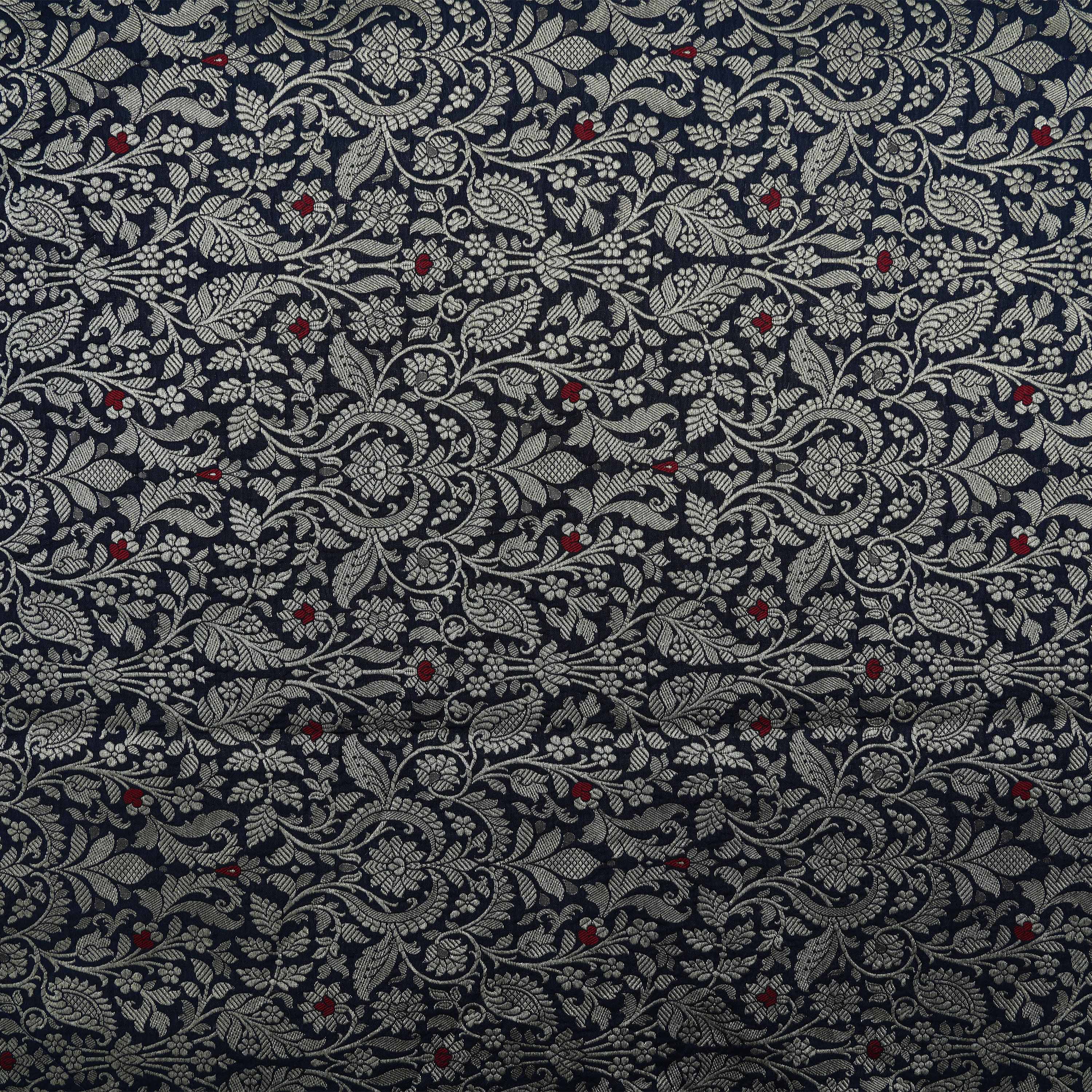 Cinder Blue Intricate Floral Jaal With Paisley Jamwar Silk Fabric