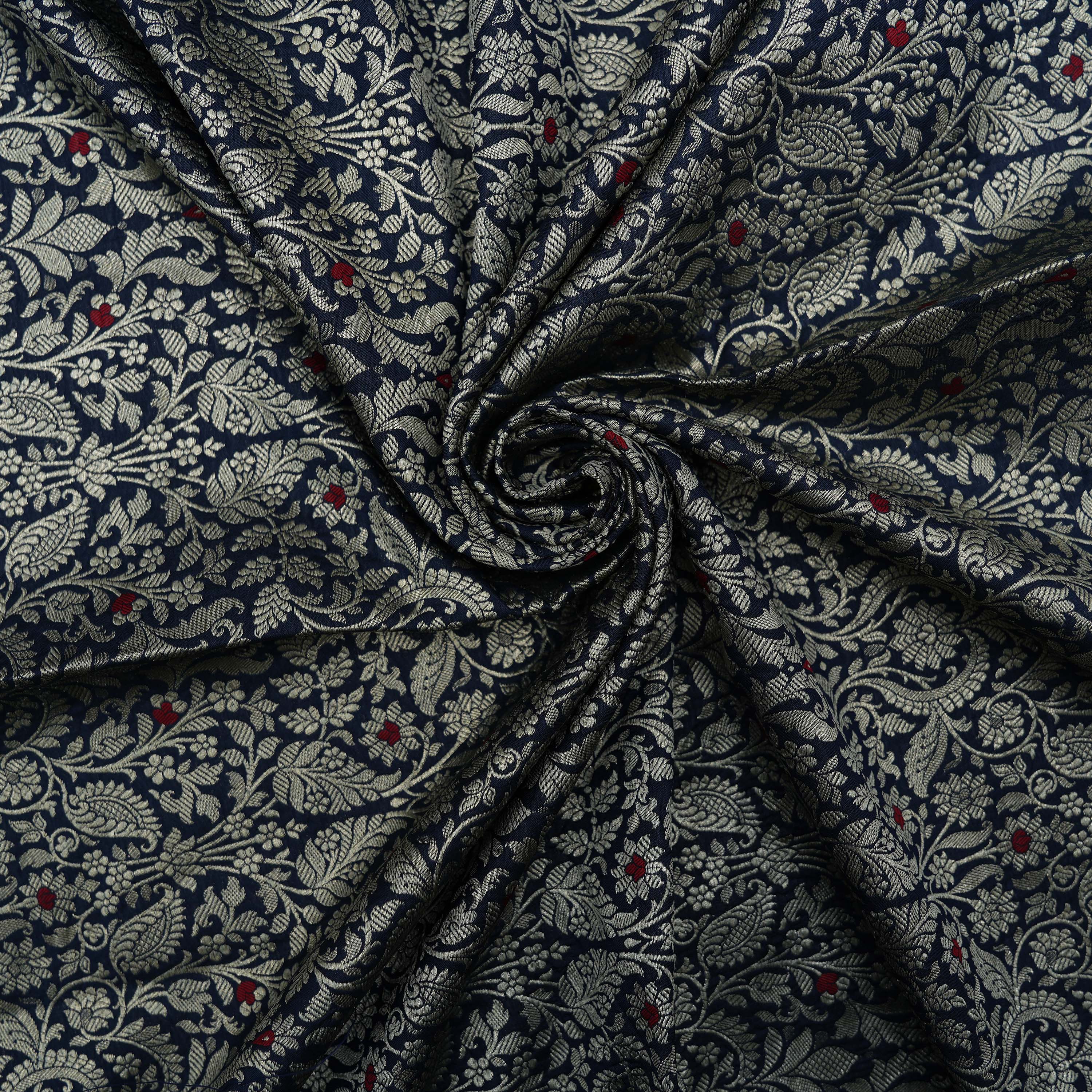Cinder Blue Intricate Floral Jaal With Paisley Jamwar Silk Fabric