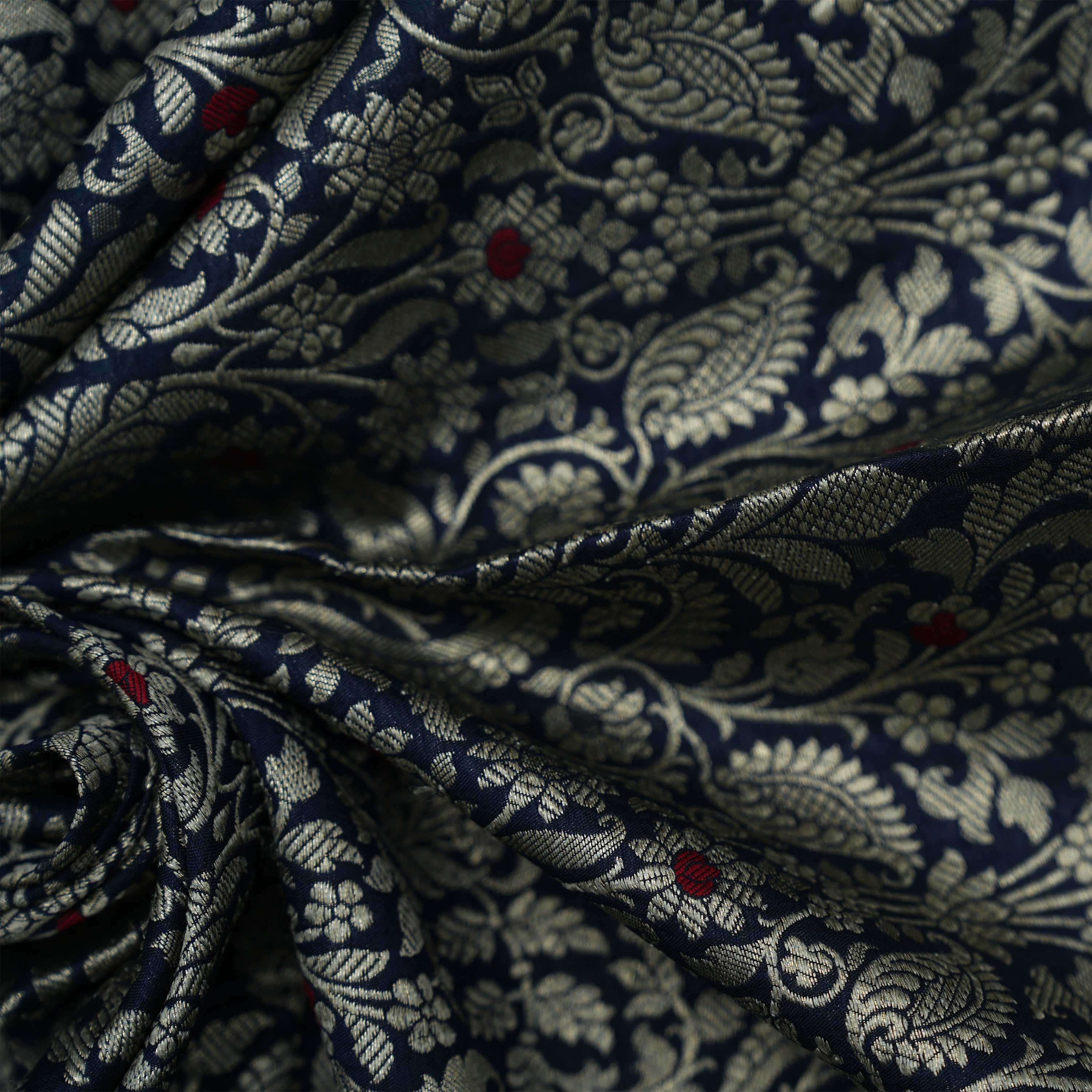 Cinder Blue Intricate Floral Jaal With Paisley Jamwar Silk Fabric
