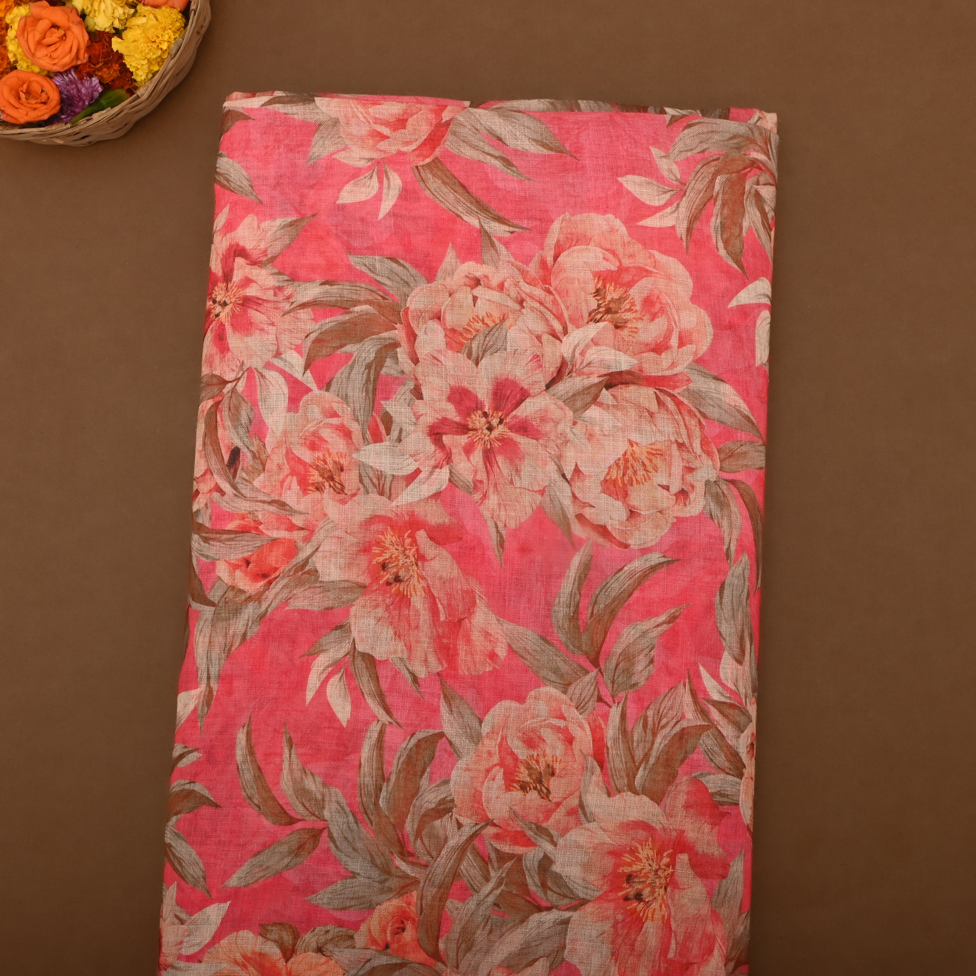Rose Pink Floral Printed Linen Fabric