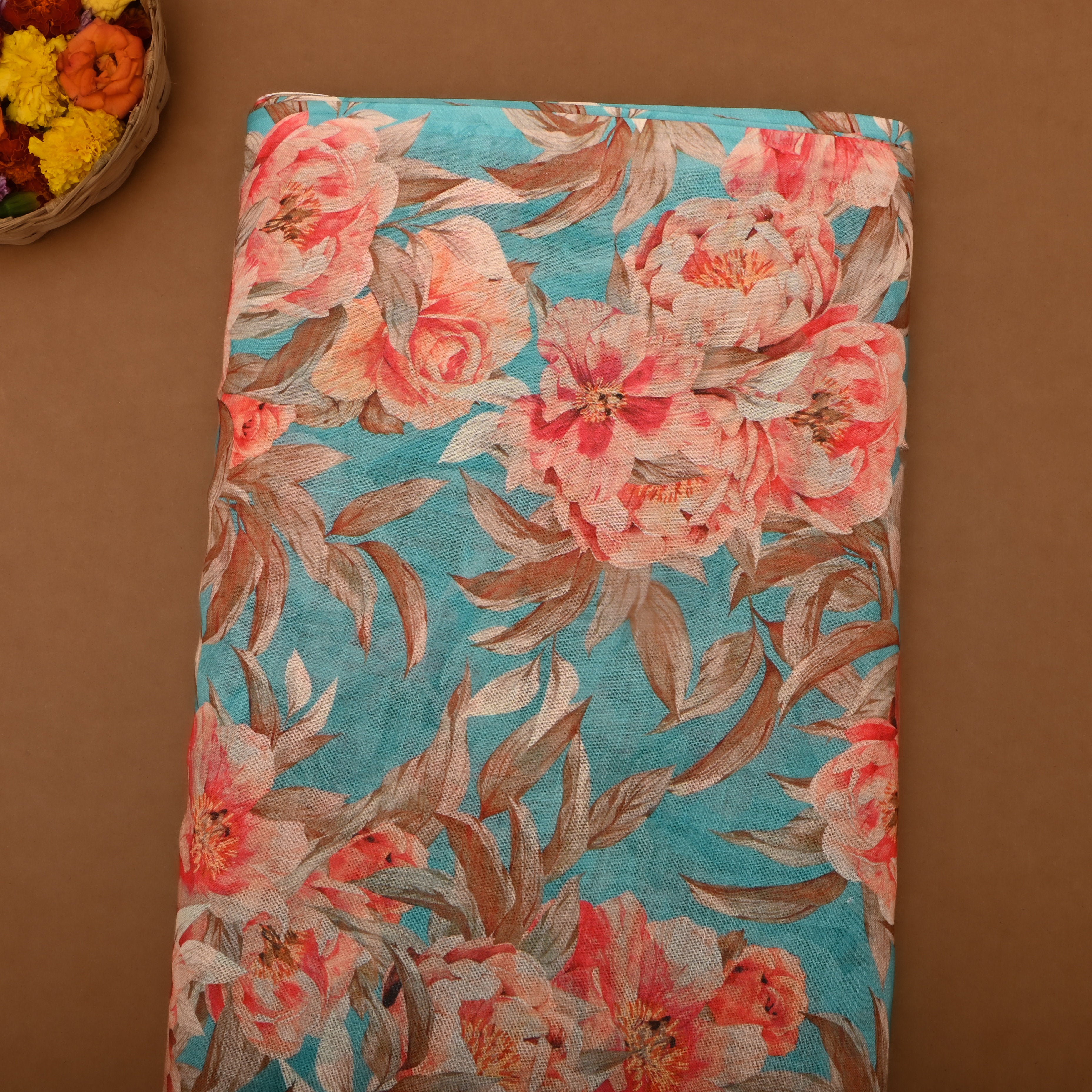 Blue Hosta Linen Fabric With Printed Design