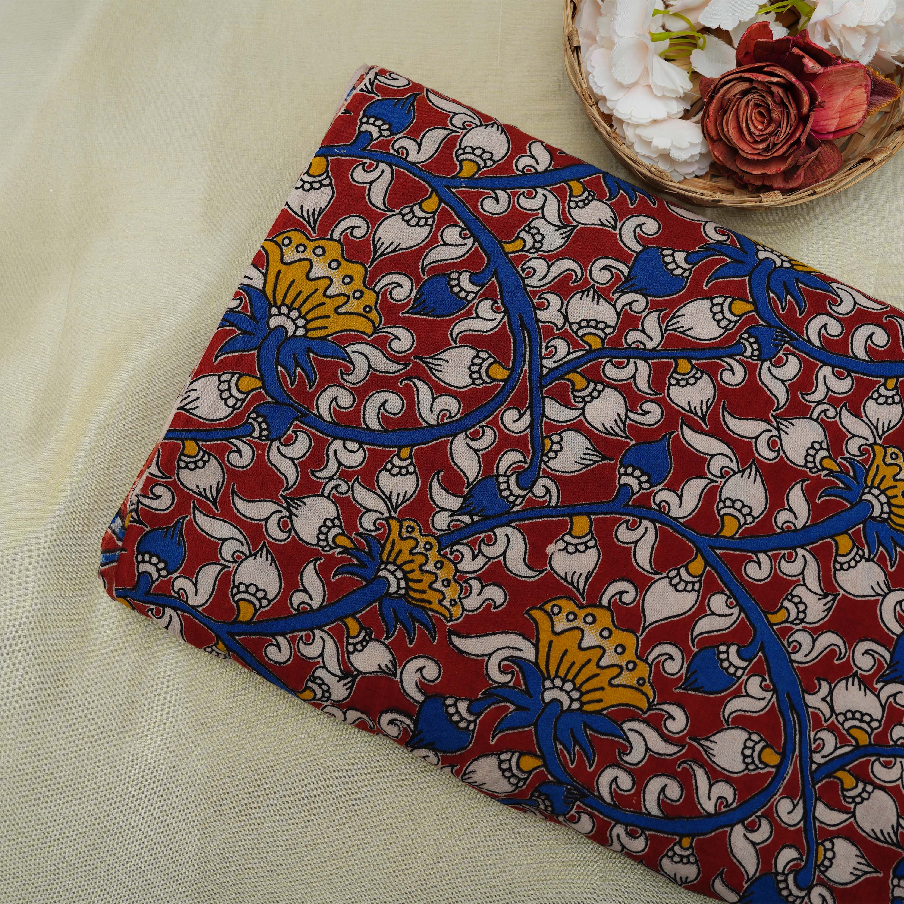 Catalina Blue Multicolor Floral Kalamkari Printed Cotton Fabric