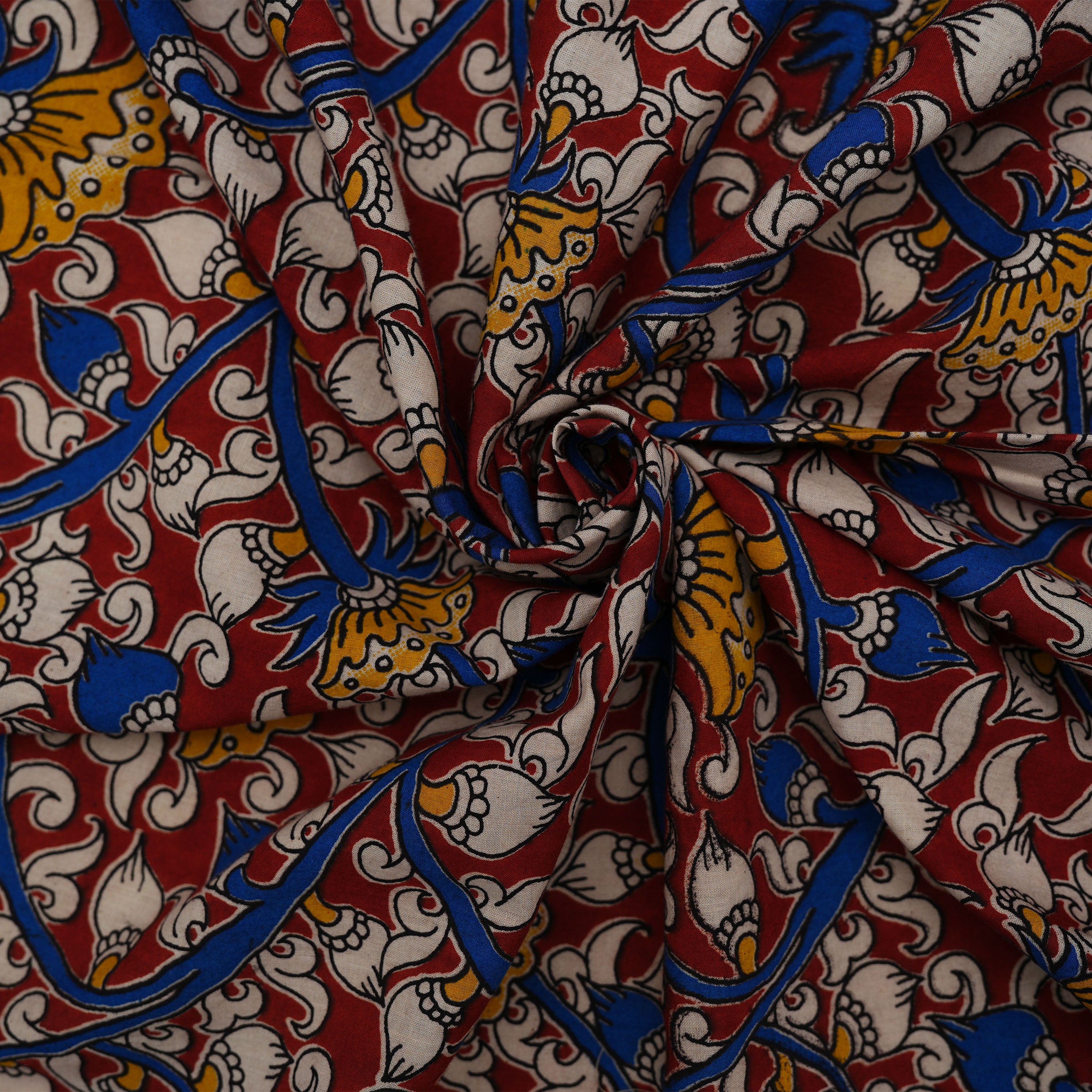 Catalina Blue Multicolor Floral Kalamkari Printed Cotton Fabric