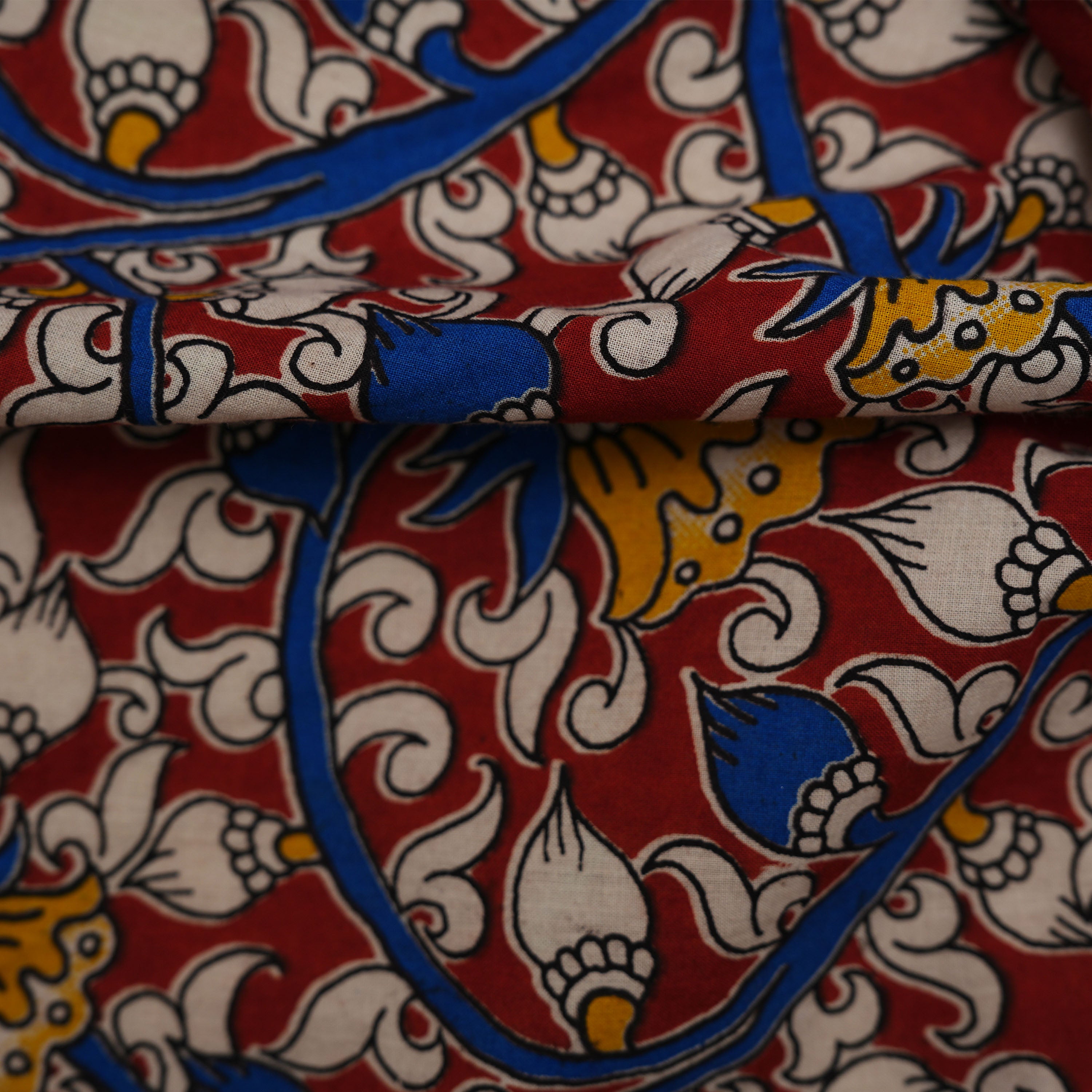 Catalina Blue Multicolor Floral Kalamkari Printed Cotton Fabric