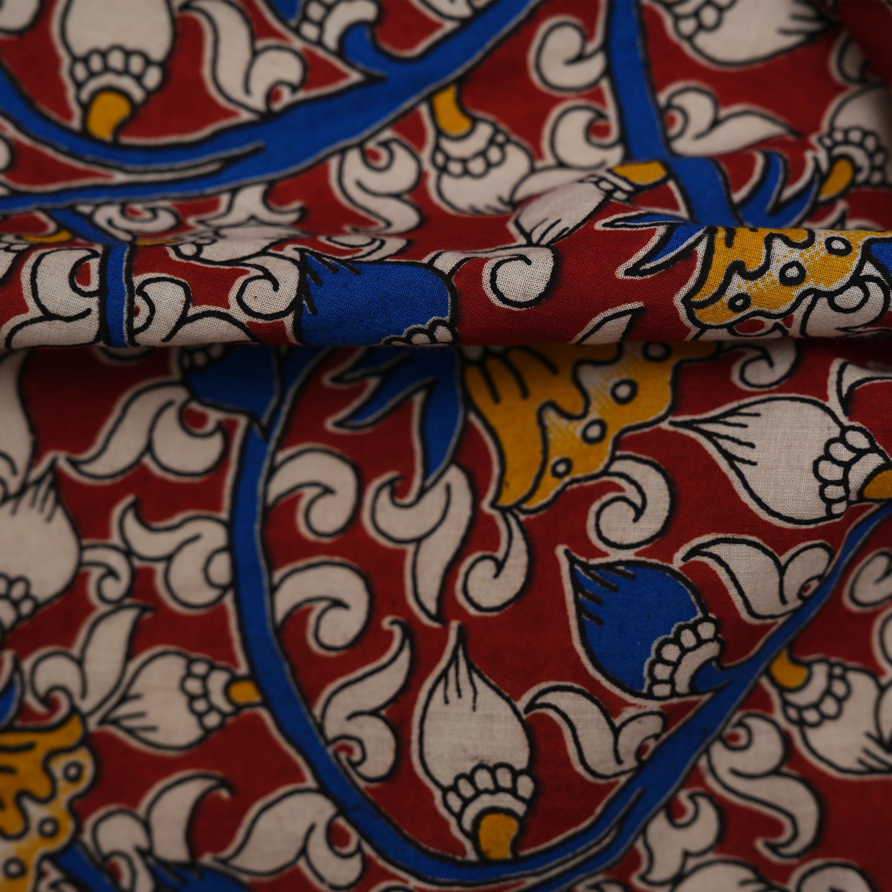 Catalina Blue Multicolor Floral Kalamkari Printed Cotton Fabric