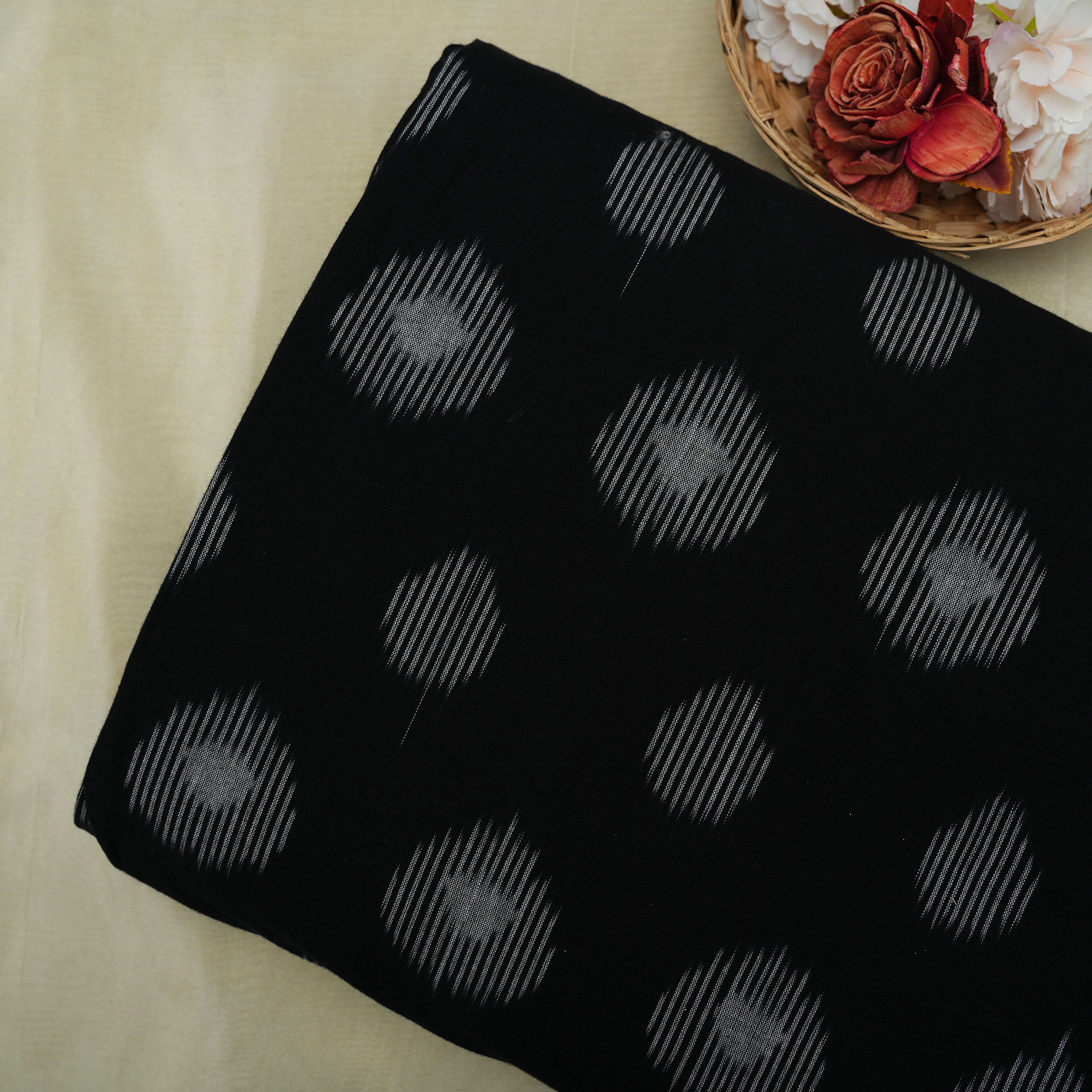 Jet Black Ikat Leaf Geometric Pattern Cotton Fabric
