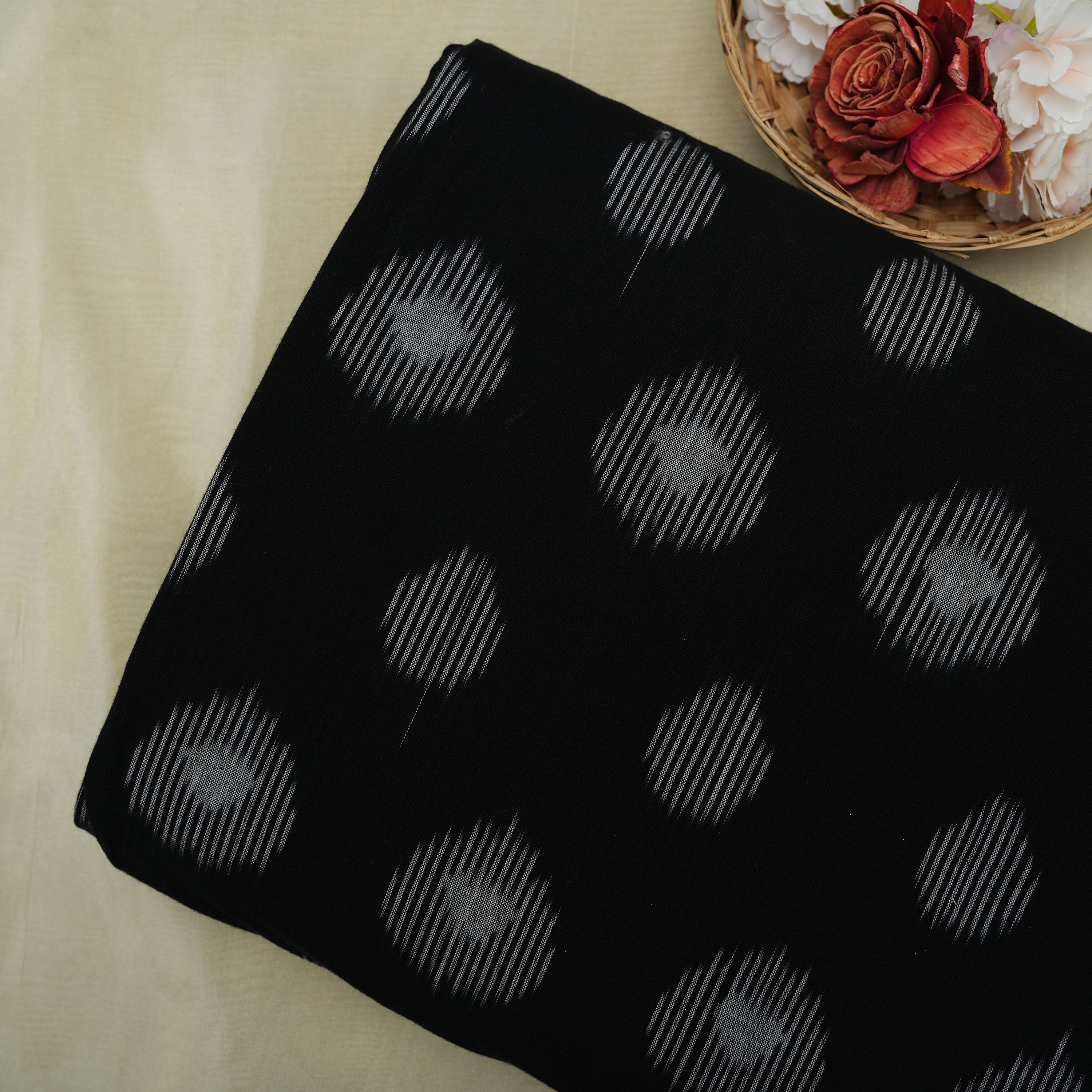 Jet Black Ikat Leaf Geometric Pattern Cotton Fabric