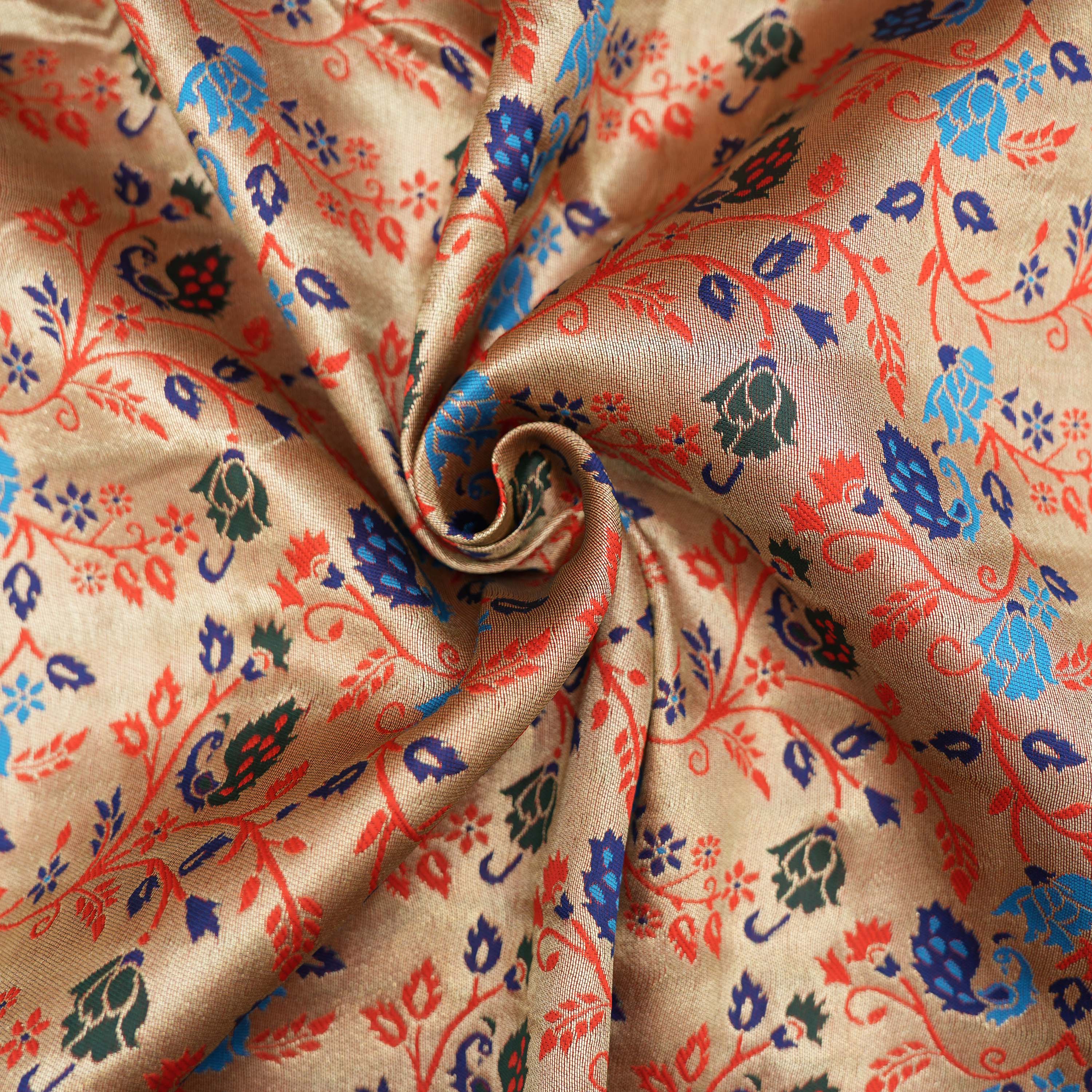 Golden Pink Coloful Floral Jaal Tissue Fabric