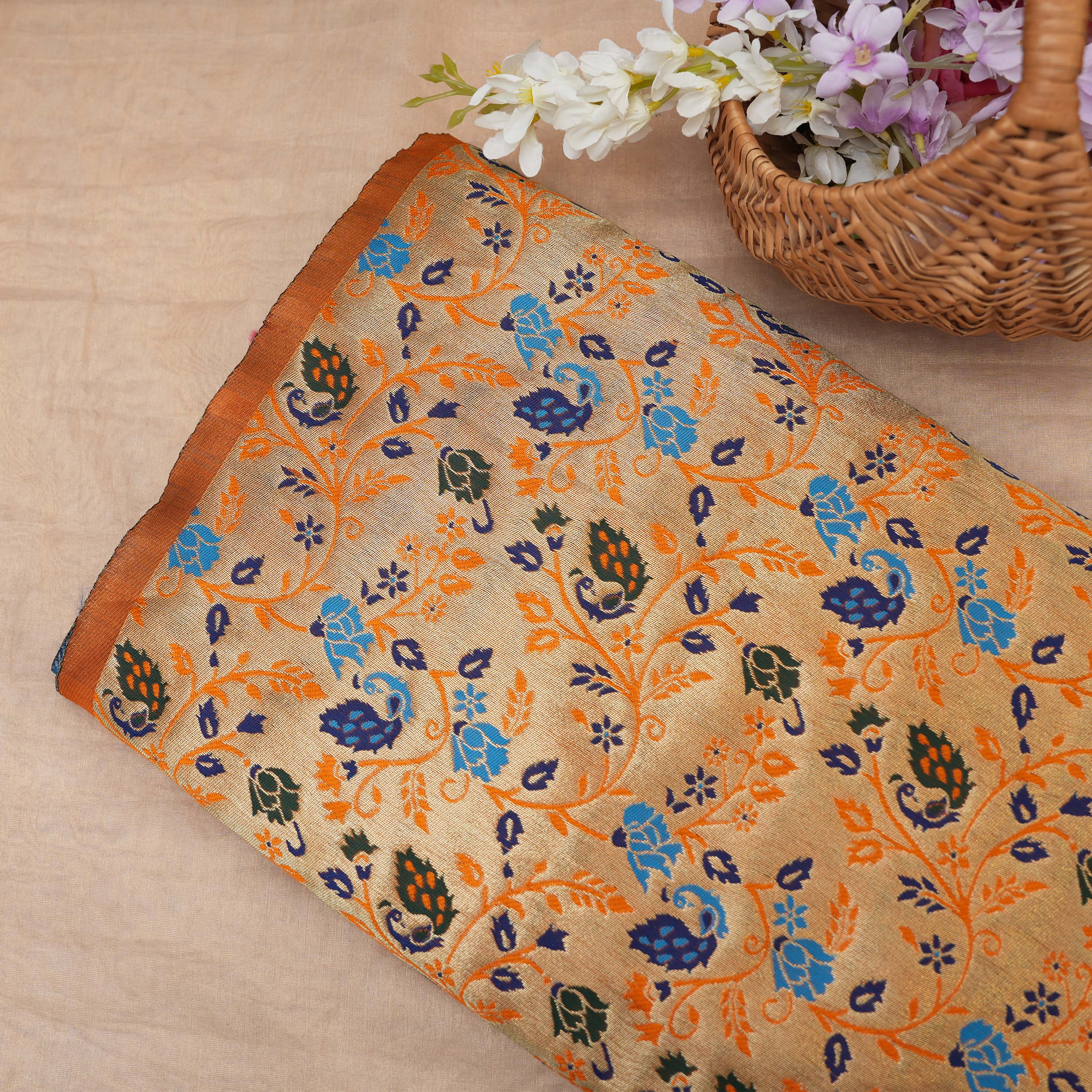 Metal Orange Coloful Floral Jaal Tissue Fabric