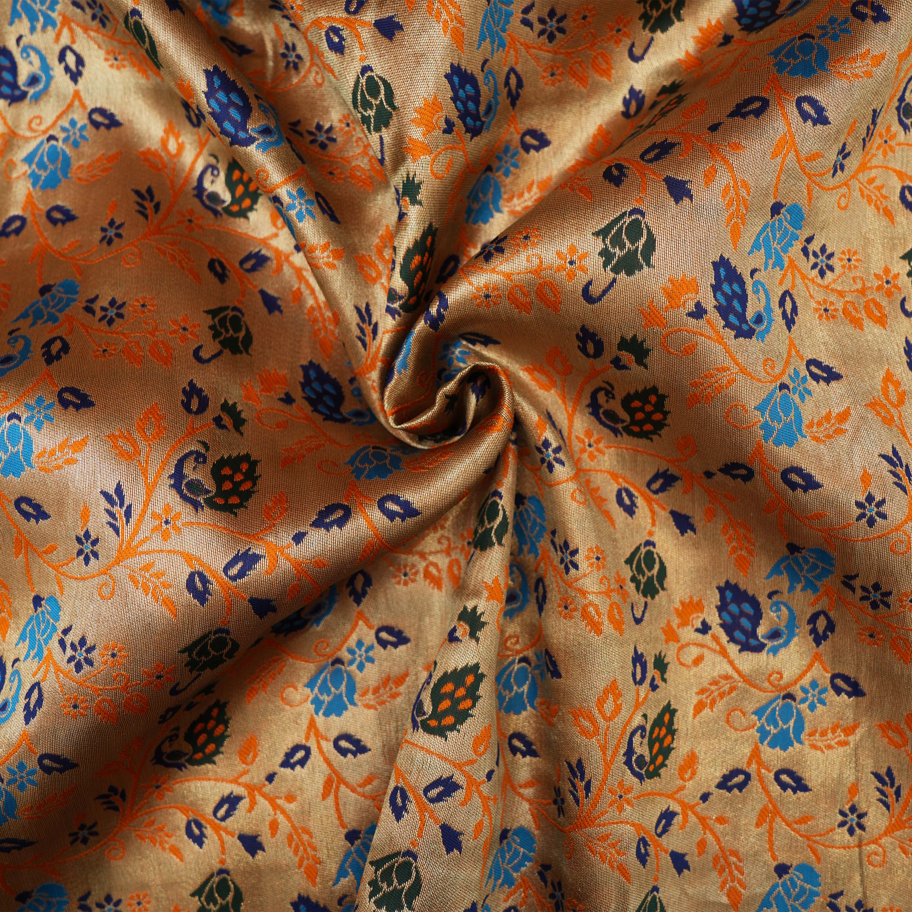 Metal Orange Coloful Floral Jaal Tissue Fabric