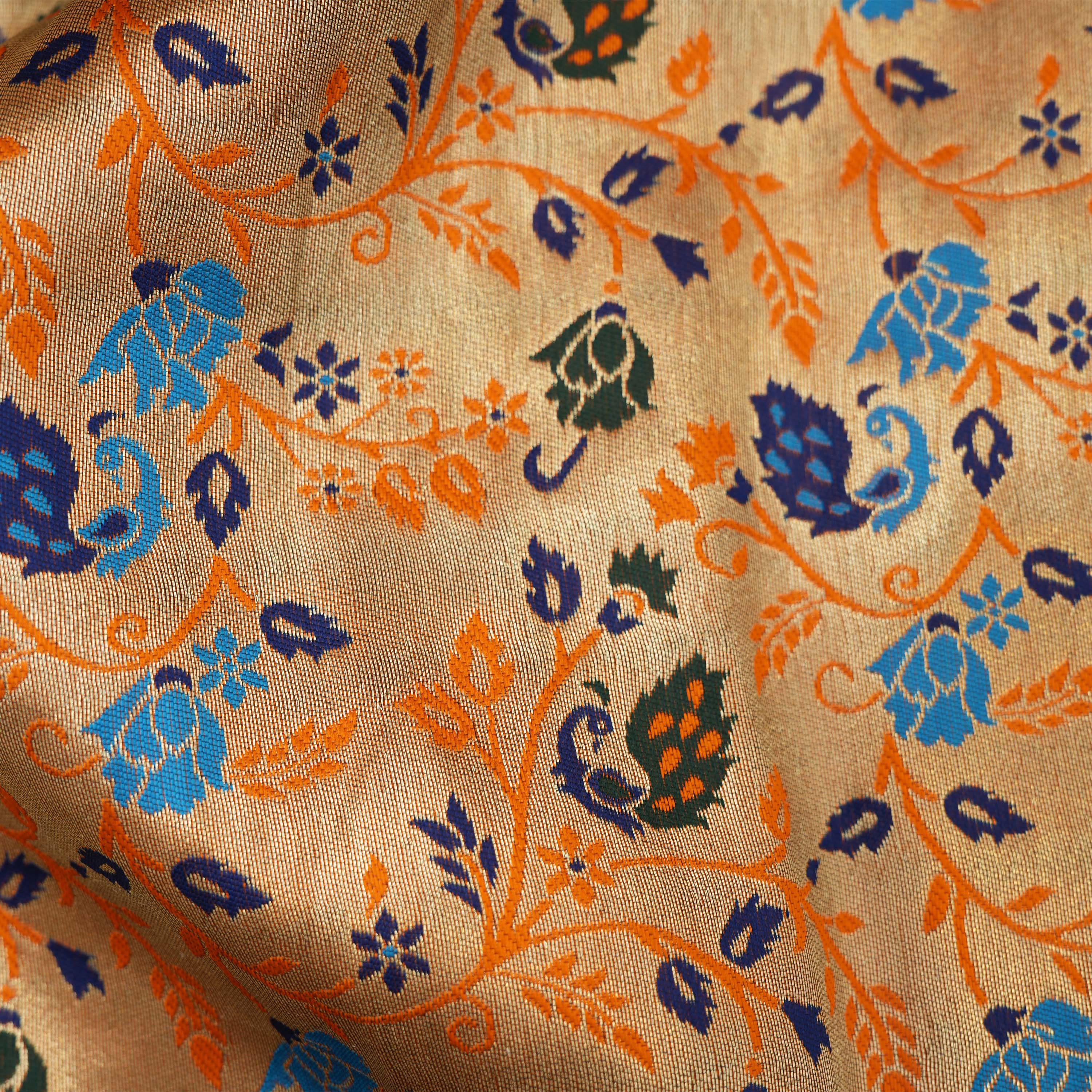 Metal Orange Coloful Floral Jaal Tissue Fabric