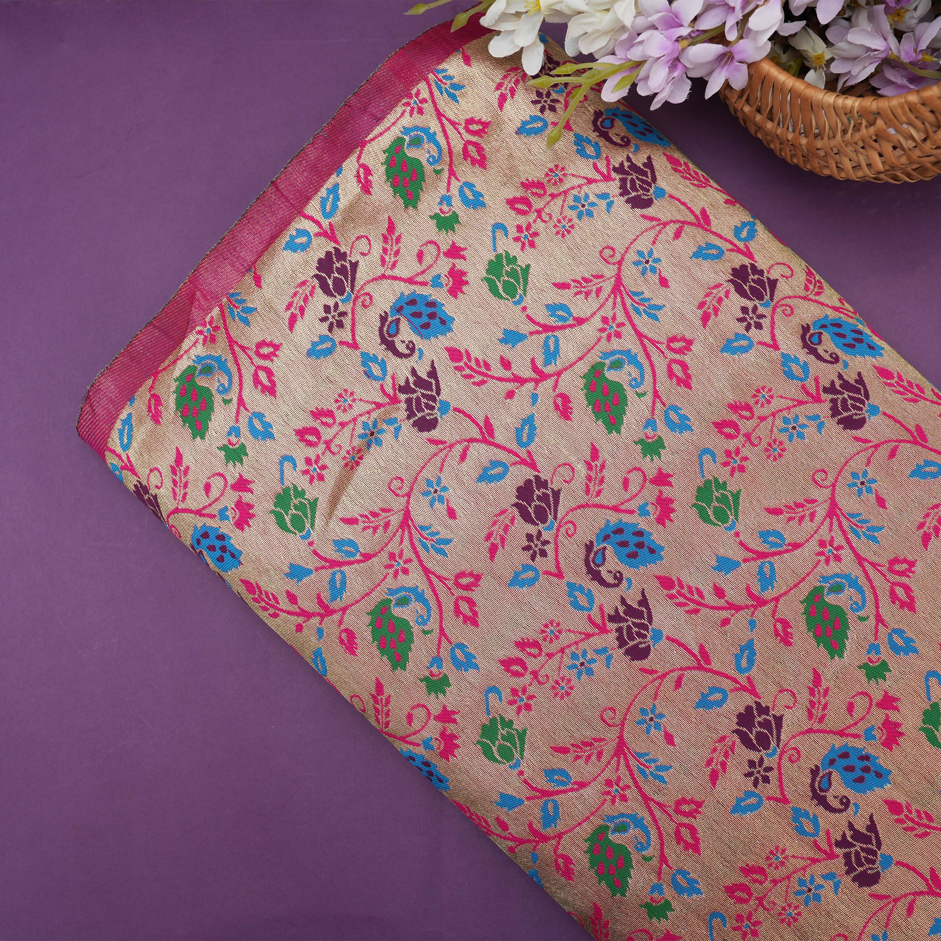 Peach Pink Coloful Floral Jaal Tissue Fabric