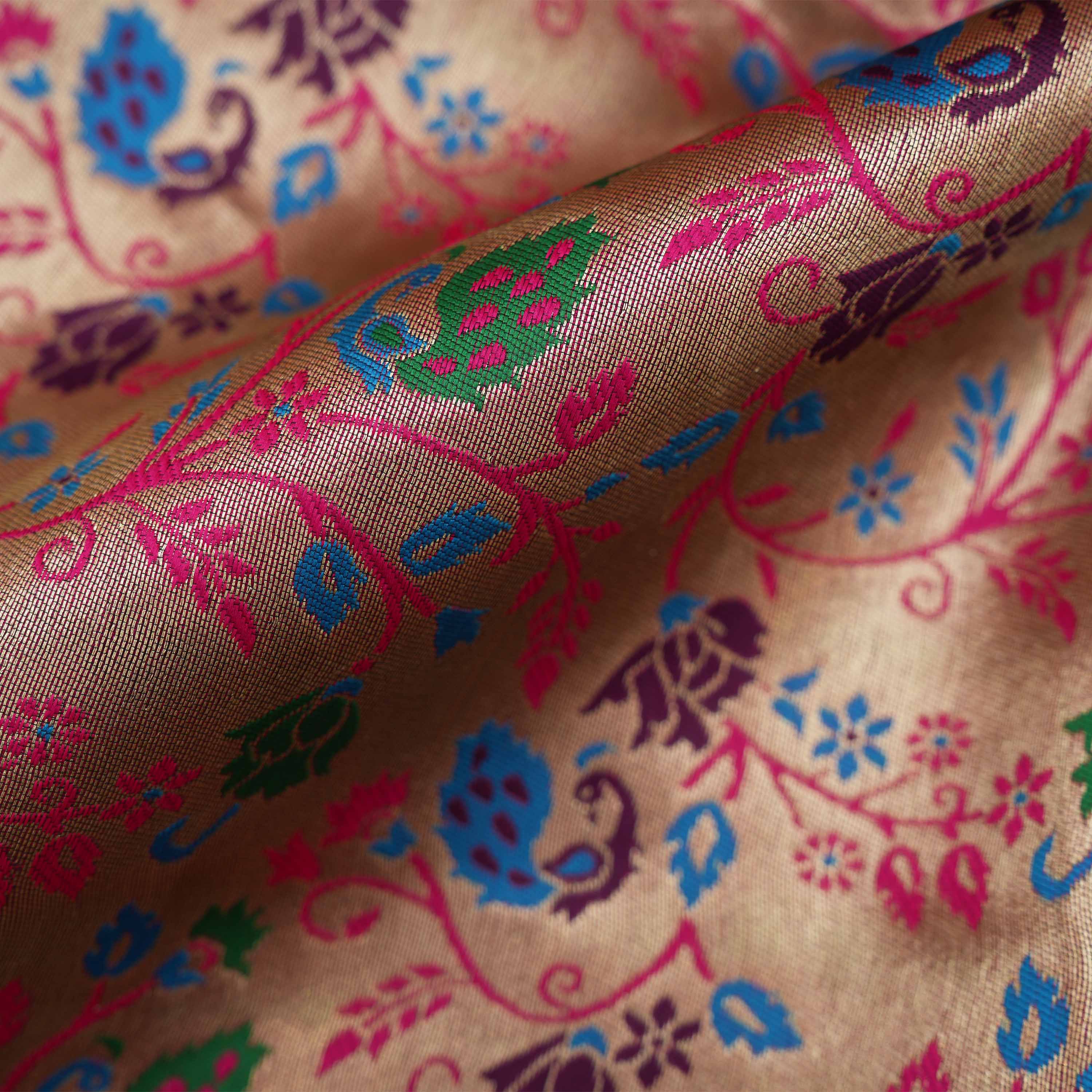 Peach Pink Coloful Floral Jaal Tissue Fabric
