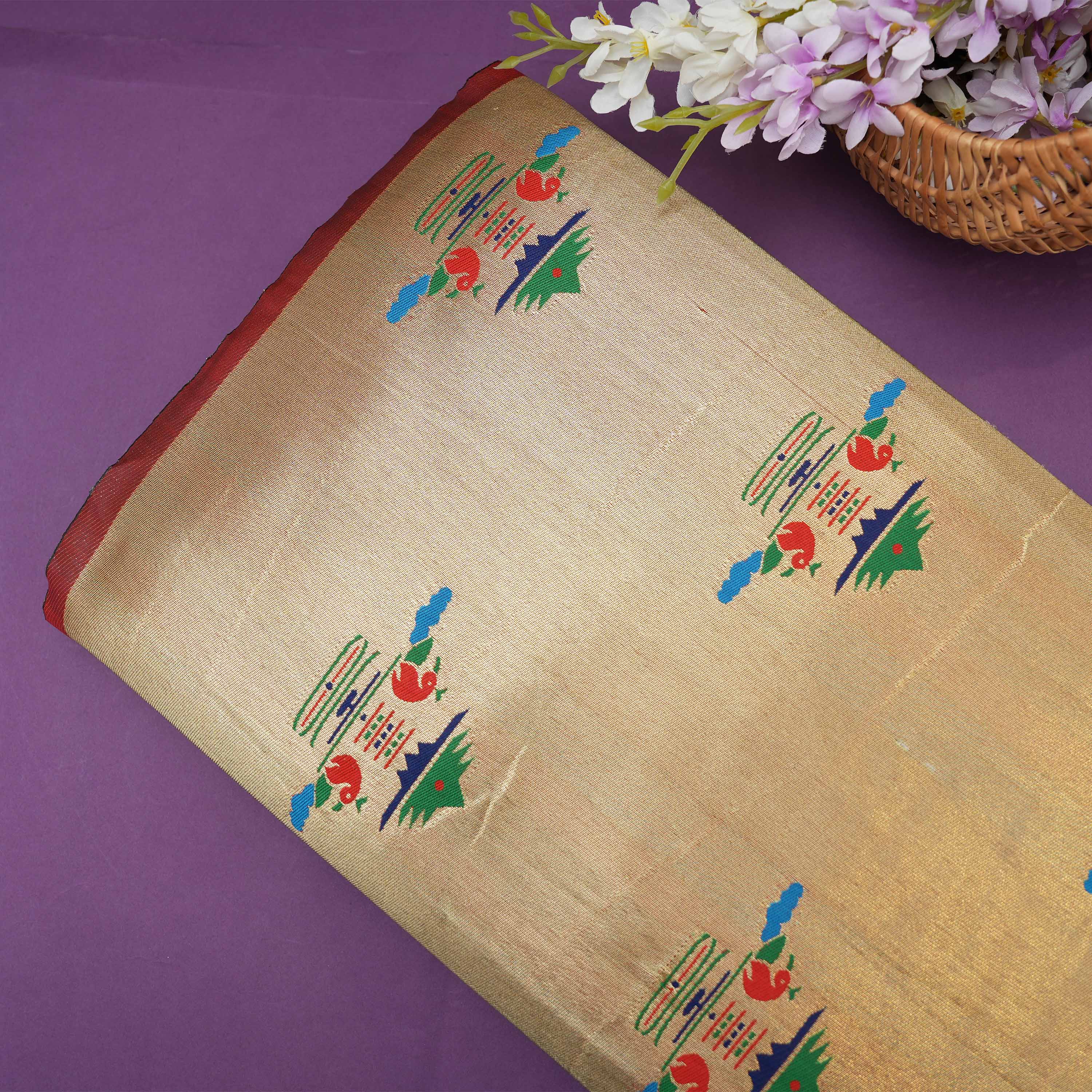 Golden Creme Pagoda Mayil Motif Tissue Fabric